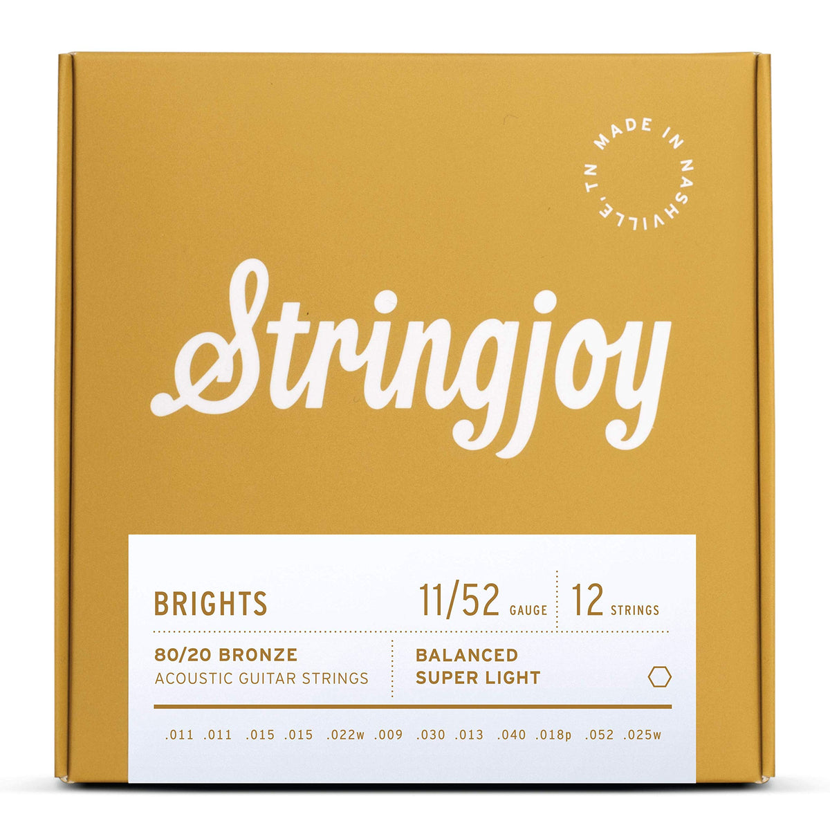Stringjoy Bb1125 12 String Brights 80/20 Bronze Acoustic Guitar Strings, (12 String Super Light Gauge - 11-52)