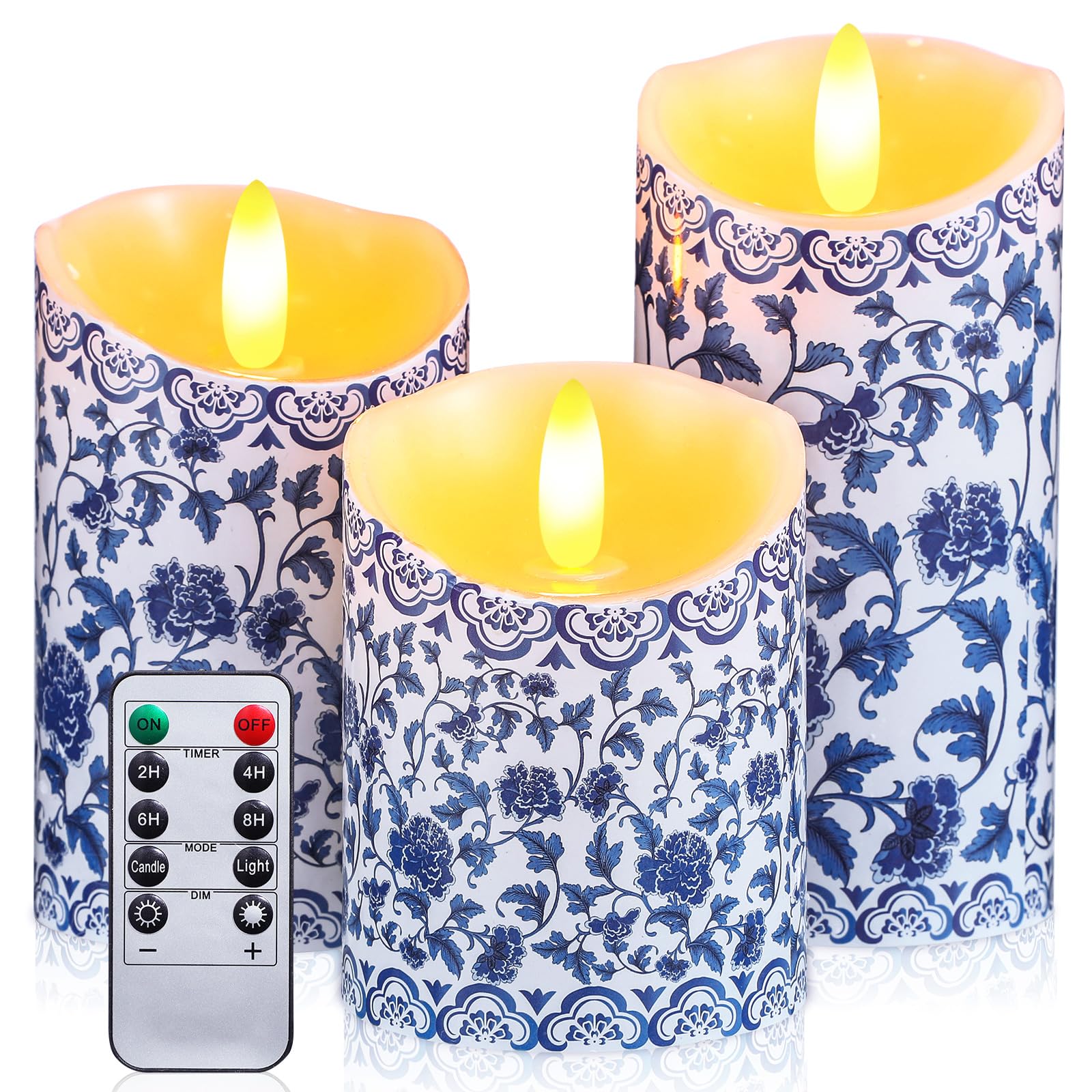Tujoe 3 Pcs Chinoiserie Flameless Candles Blue And White Battery Operated Candles Blue White Floral Printed Faux Candles With Re