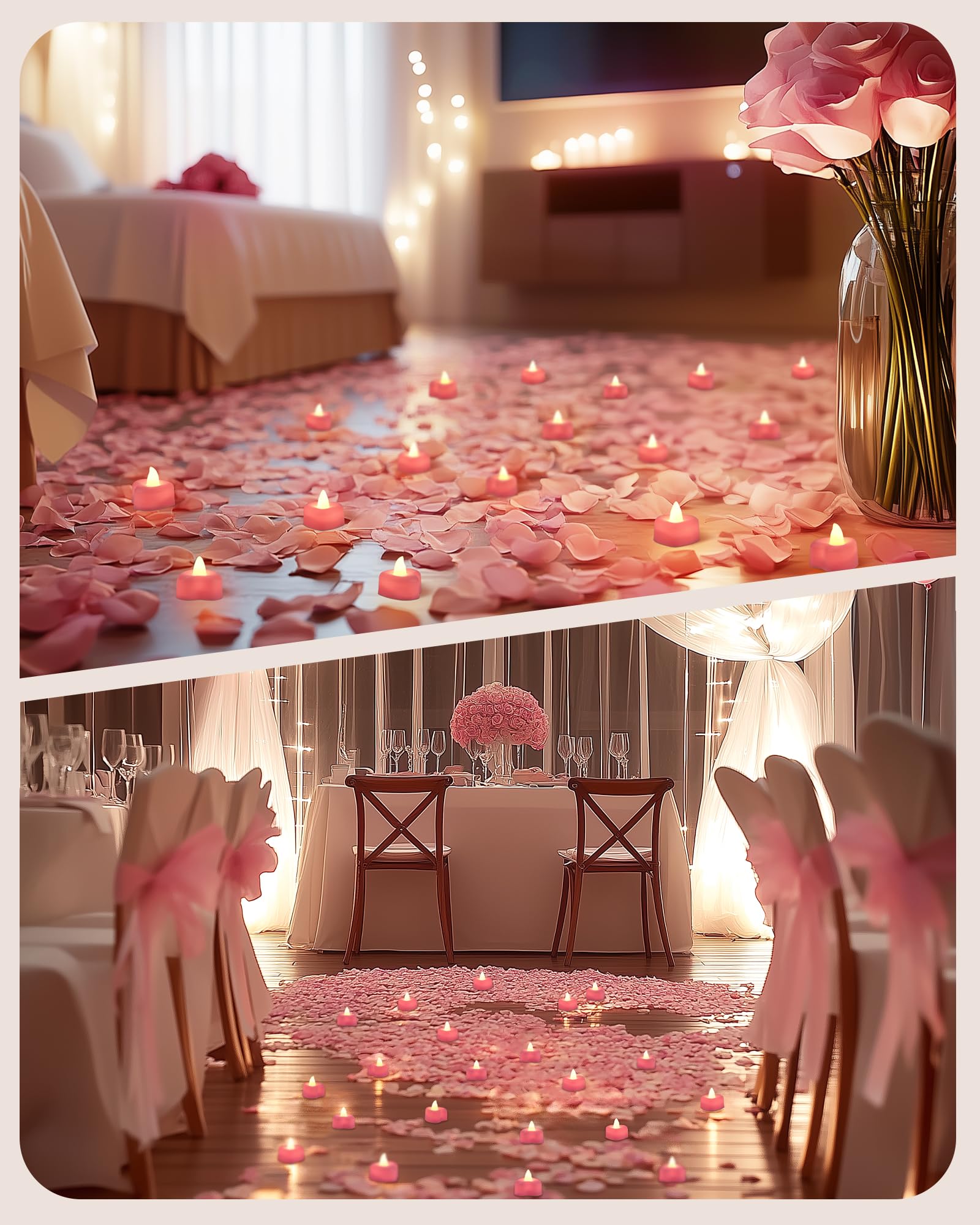 Amagic 4000 Pieces Pink Artificial Rose Petals With 50 Pink Heart Led Tea Lights, Rose Petals And Candles Set For Proposal, Anni