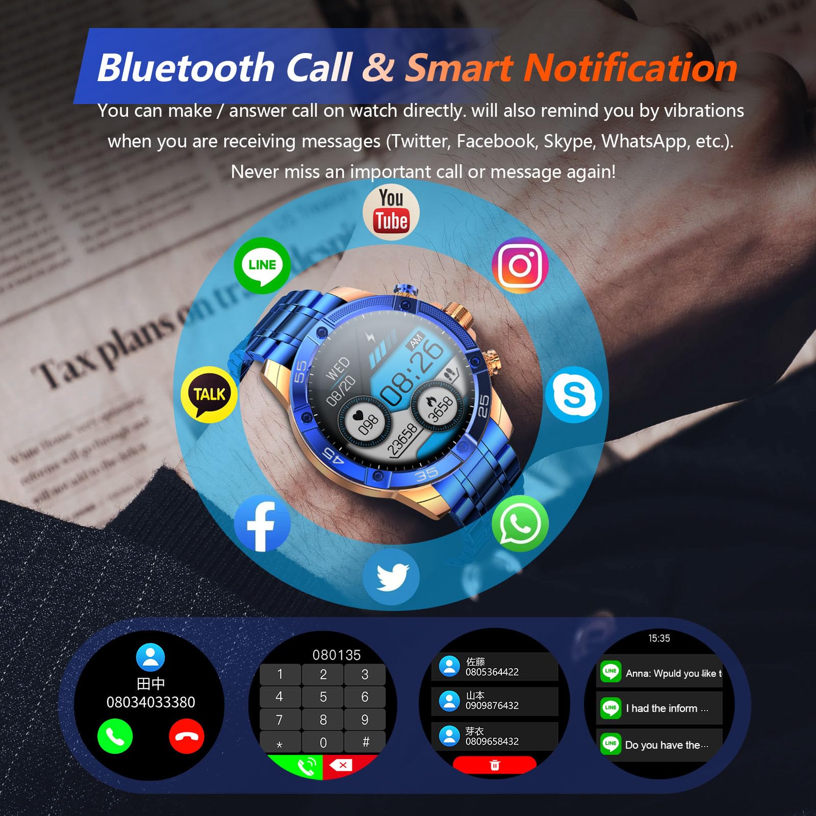 Ohugna Smart Watch(Bluetooth Answer/Make Call), 1.53'' Hd Round Gold Blue Smartwatch For Men, Ip67 Waterproof Fitness Tracker Wi