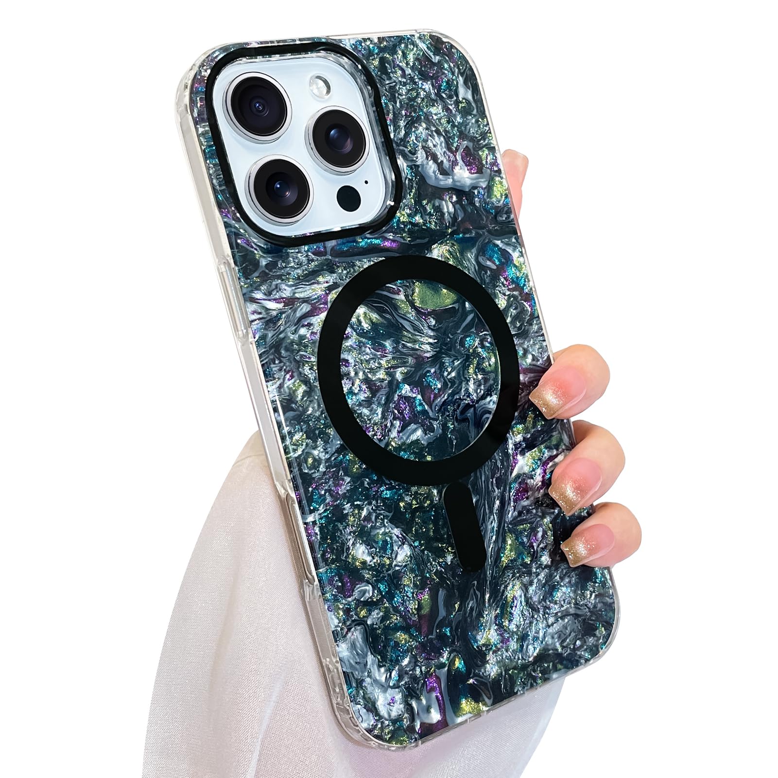 SAKUULO Magnetic Case for iPhone 16 Pro Max 6.9inch Compatible with Magsafe, Iridescent Mother of Pearl Trendy Sparkly Glossy Sh