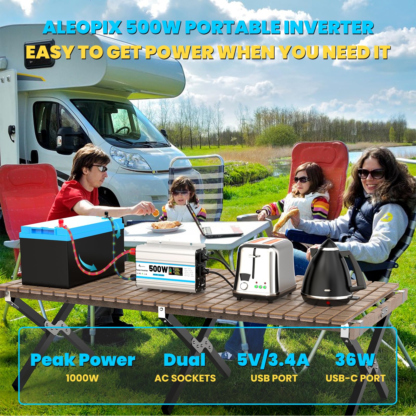 500W Car Power Inverter 12V Dc To 110V Ac, Car Charger Plug In Adapter Outlet With 2 Ac Outlets&Pd 36W Usb-C&Qc 18W Port, Portab