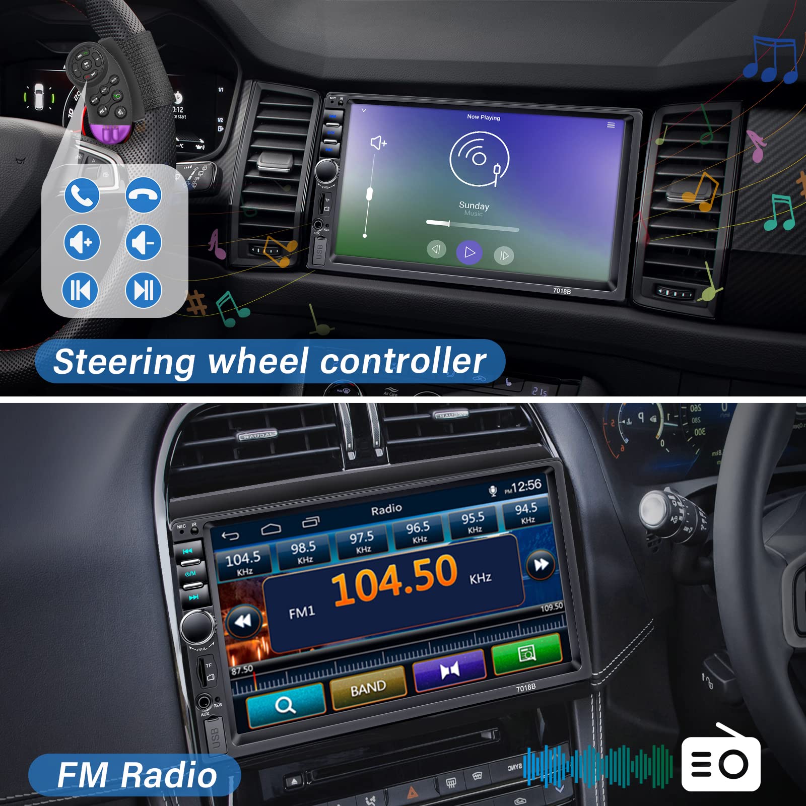 Double Din Car Stereo With Backup Camera Microphone, 7' Touchscreen 2 Din Radio, Mp5 Player, Car Audio Receivers Support Mirror