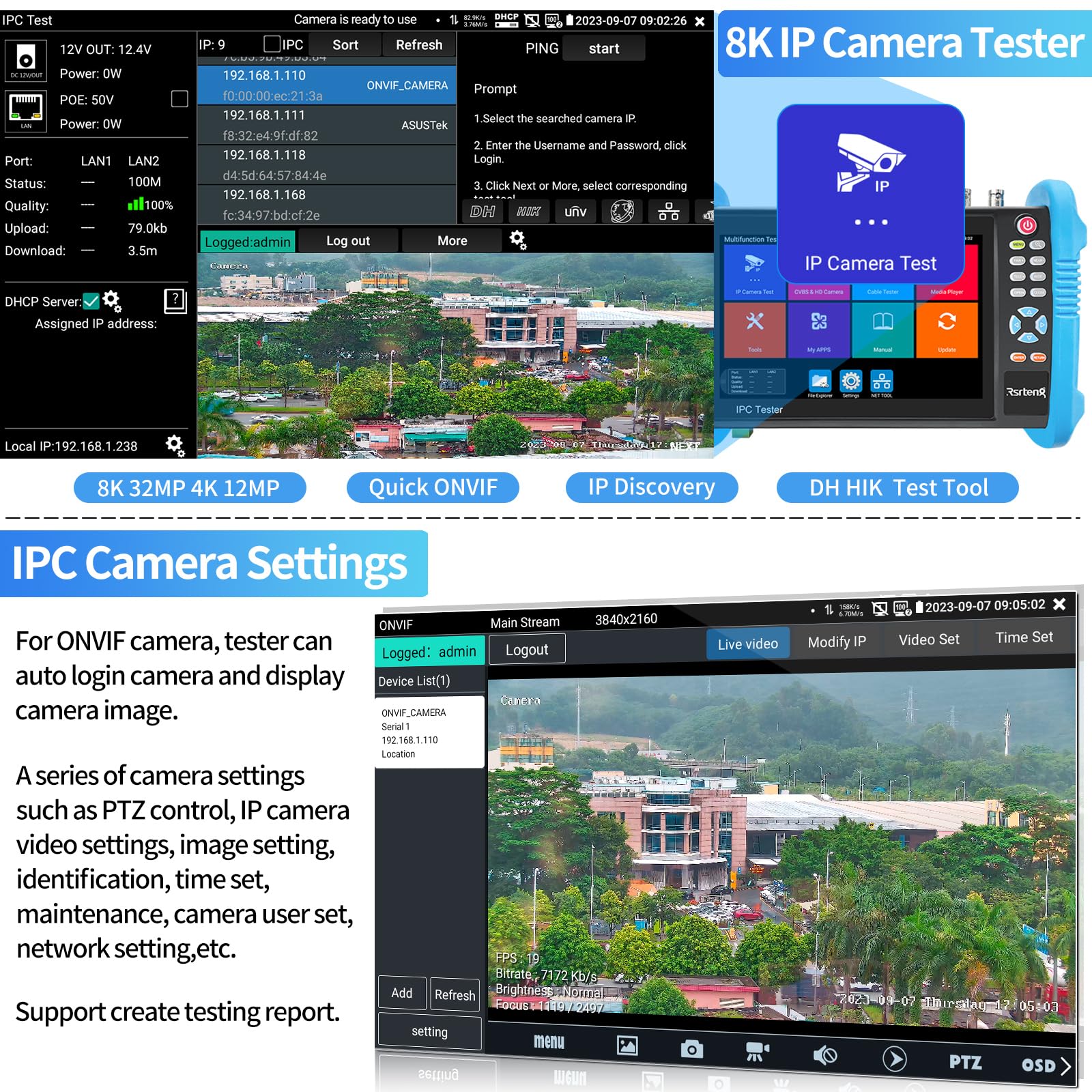 Rsrteng Cctv Tester,Ipc-9800Cadhs Pro 8K 32Mp 4K 12Mp Ip Camera Tester With Cable Tracer 8Mp Cvi Tvi Ahd Sdi Cvbs Coaxial Camera