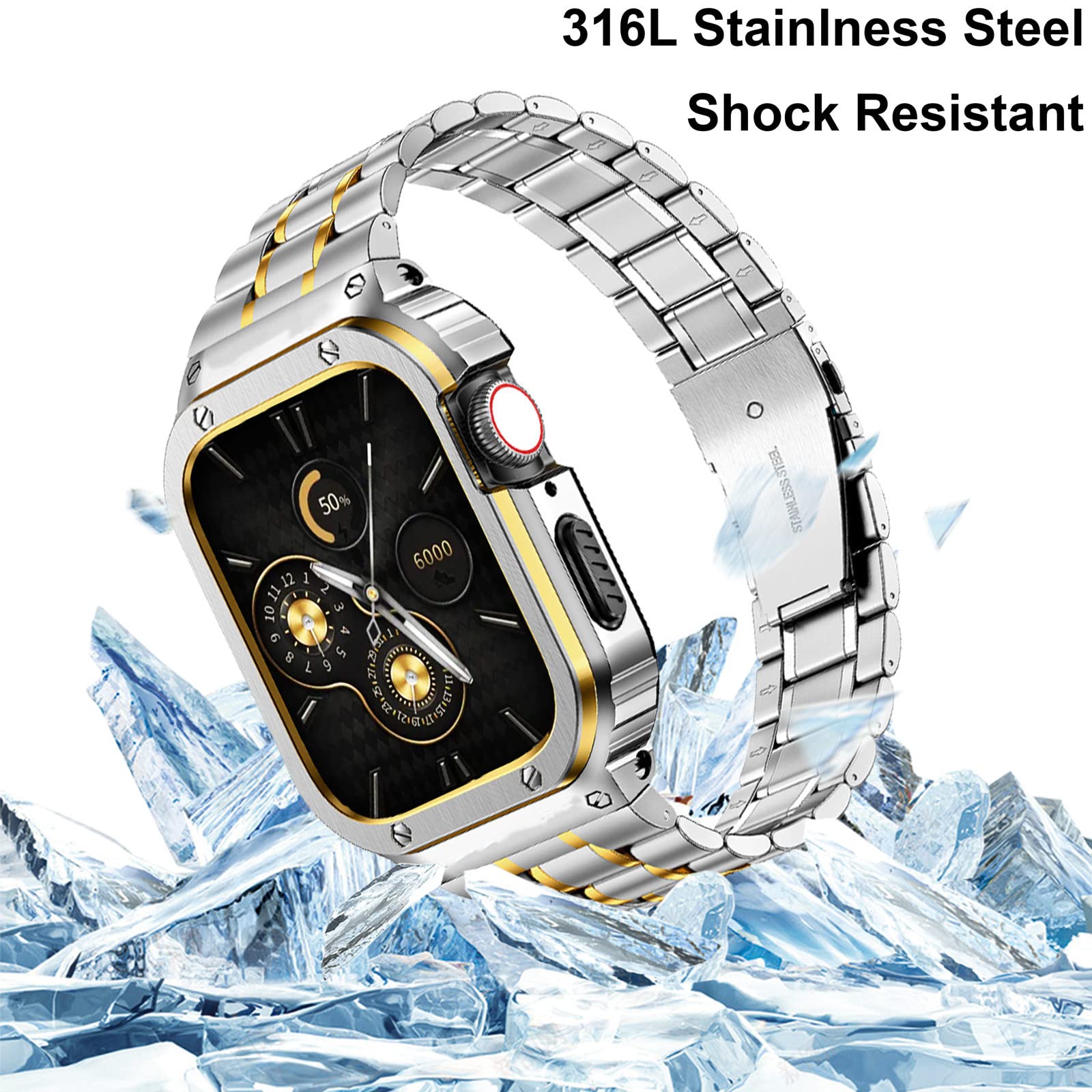 Haslfm Stainless Steel Watch Band With Case Compatible With Apple Watch Series 9/8/7/6/5/4/Se/3/2/1(41Mm/40Mm/38Mm),Metal Strap