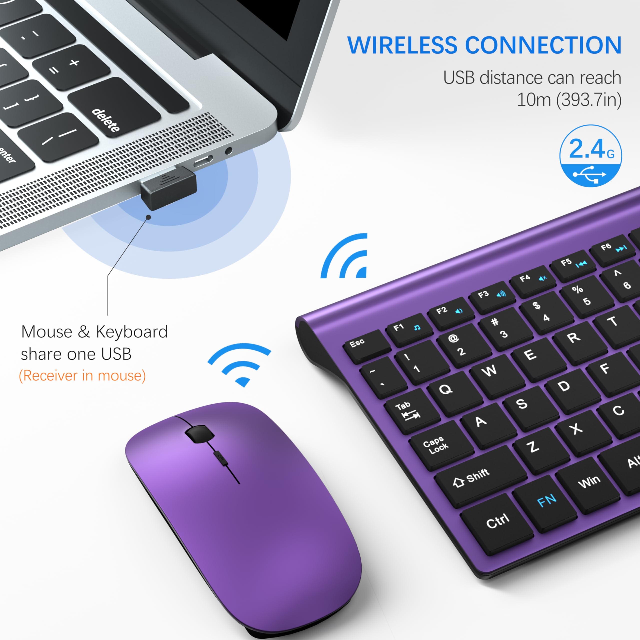 Wireless Keyboard And Mouse Ultra Slim Combo, Topmate 2.4G Silent Compact Usb 2400Dpi Mouse And Scissor Switch Keyboard Set With Cover, 2 Aa And 2 Aaa Batteries, For Pc/Laptop/Windows/Mac Purple Black