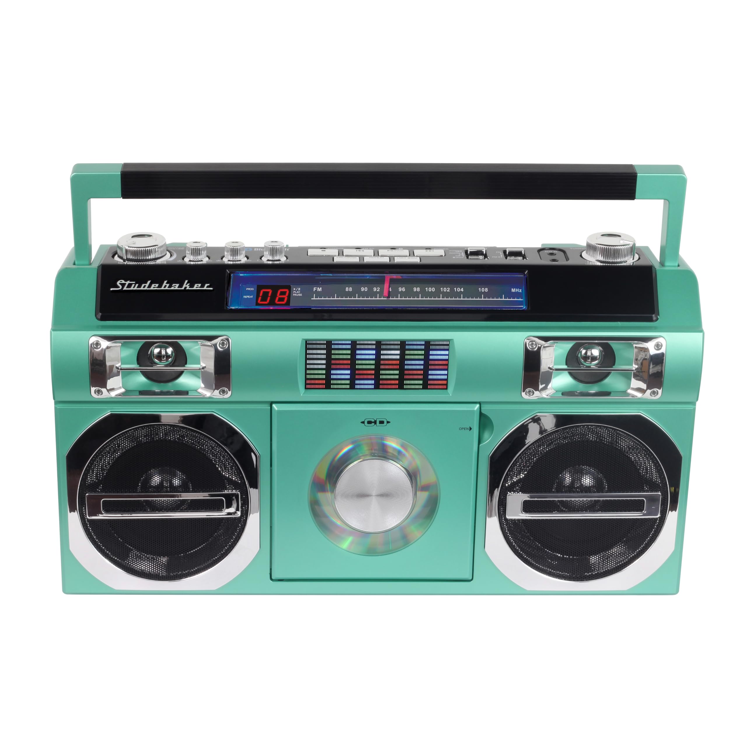 Studebaker Sb2145Te 80'S Retro Street Bluetooth Boombox With Fm Radio, Cd Player, Led Eq, 10 Watts Rms Power And Ac/Dc In Teal