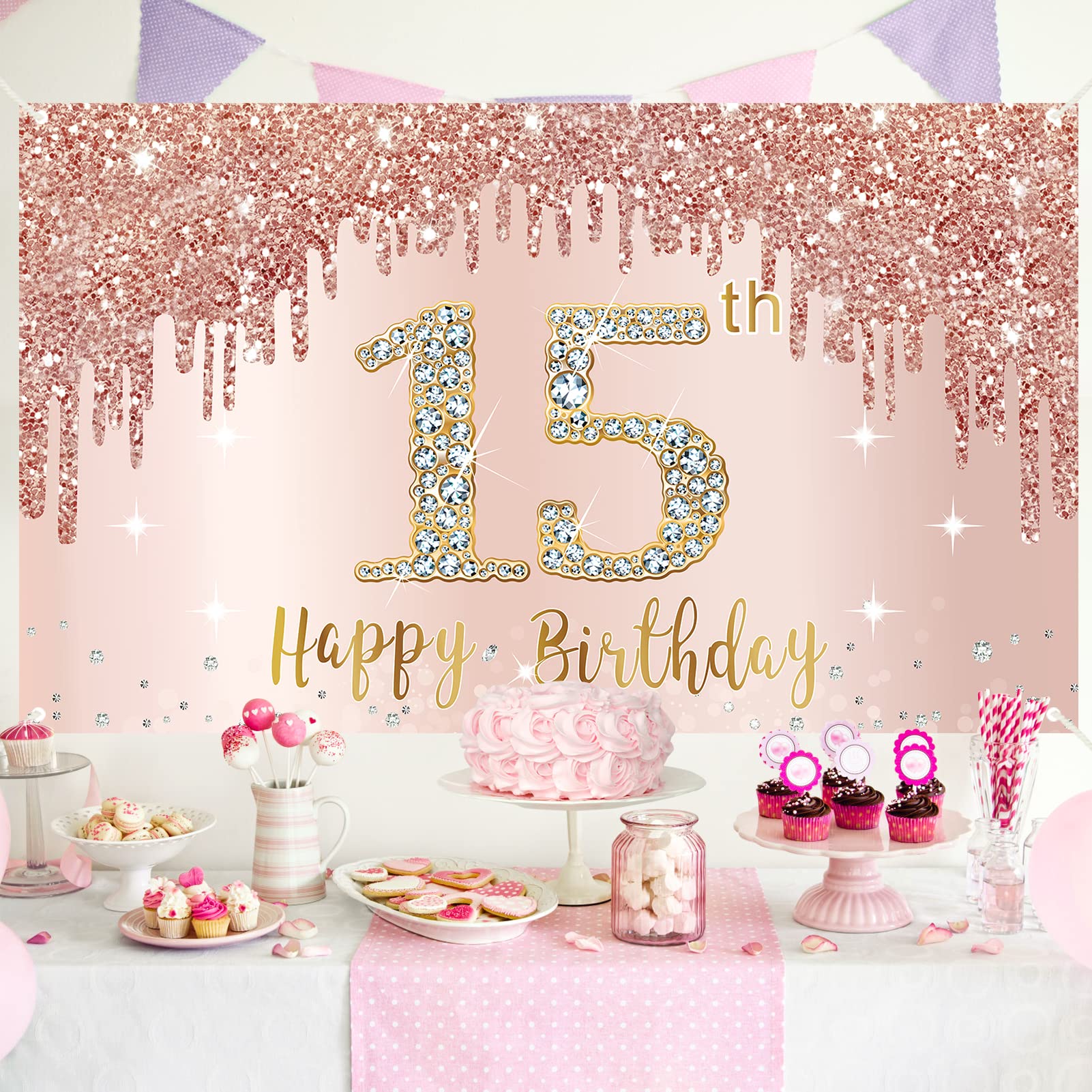 Happy 15Th Birthday Banner Backdrop Decorations For Girls, Rose Gold 15 Birthday Party Sign Supplies, Pink 15 Year Old Birthday