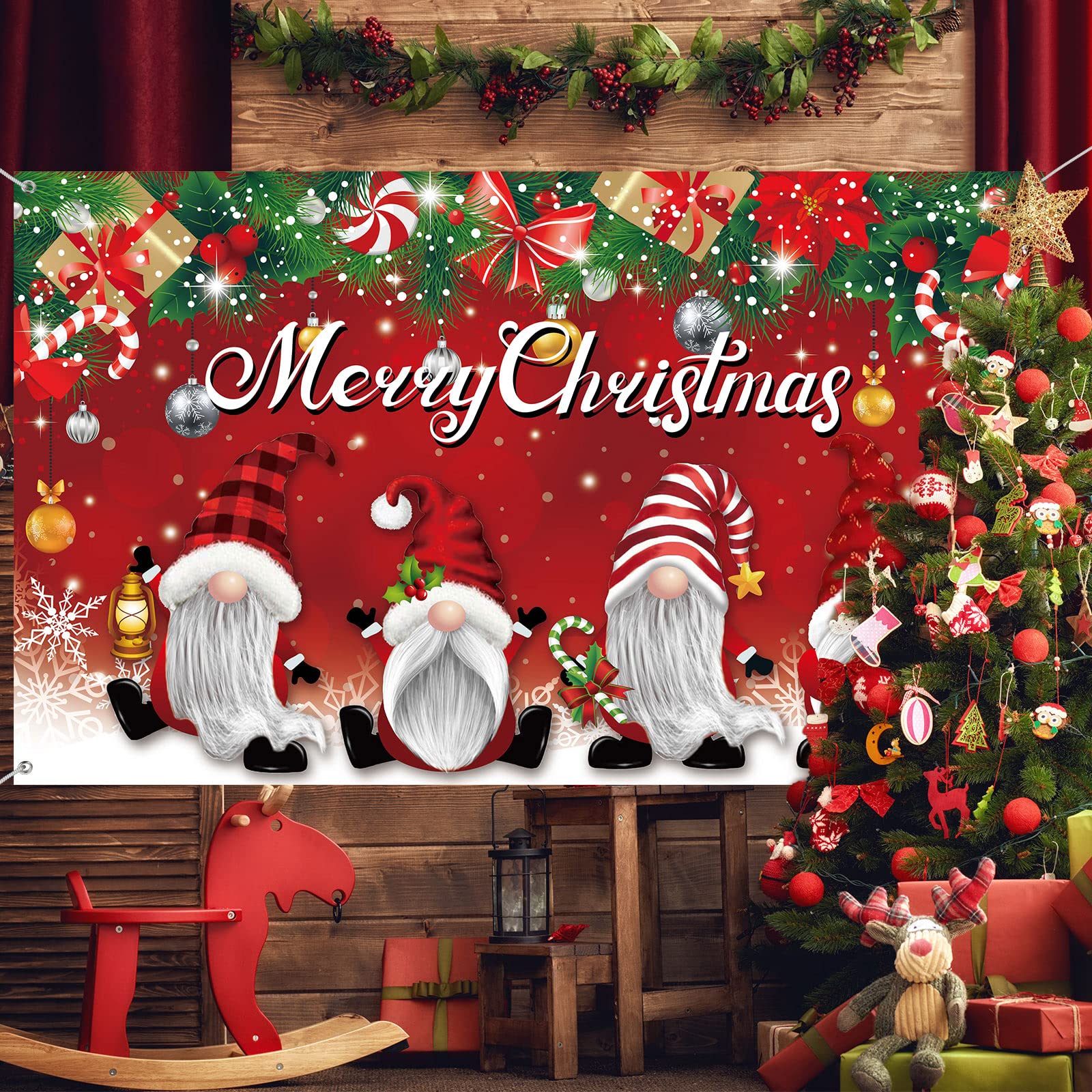 Merry Christmas Party Backdrop Decorations Large Fabric Red Xmas Gnome Banner Photo Booth Background For Christmas Winter Holida