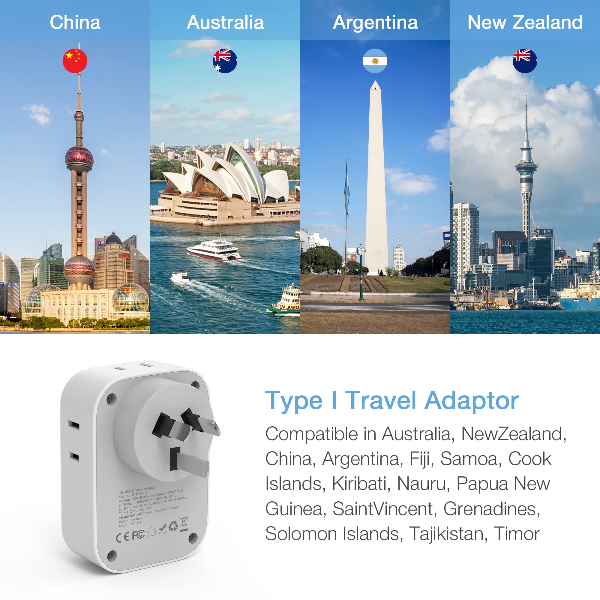 Tessan Australia Power Plug Adapter, Us To New Zealand Power Adapter With 4 American Outlets 3 Usb Charger, Type I Travel Adapto