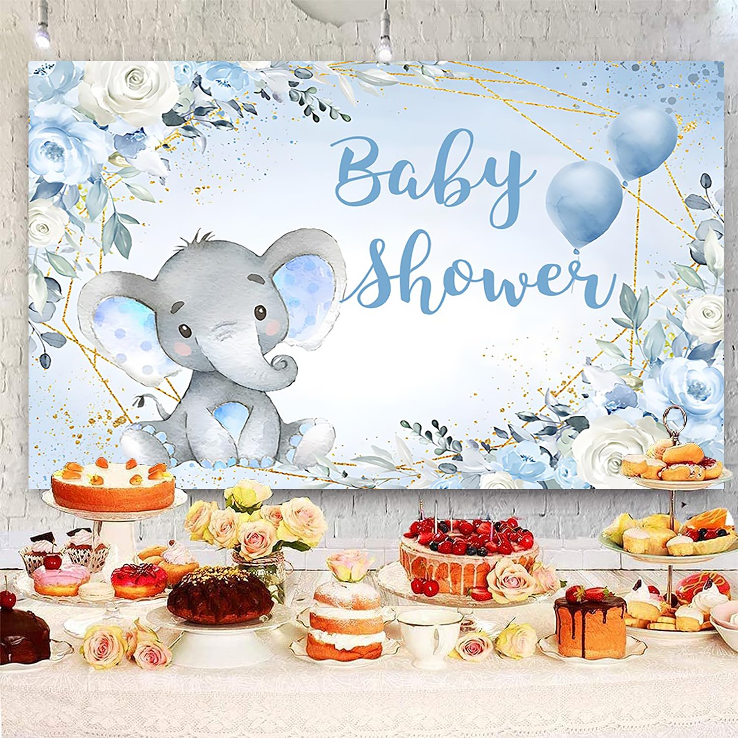 7X5Ft Elephant Boy Baby Shower Backdrop Blue Flower Elephant Baby Shower Party Photography Background For Newborn Baby Banner De