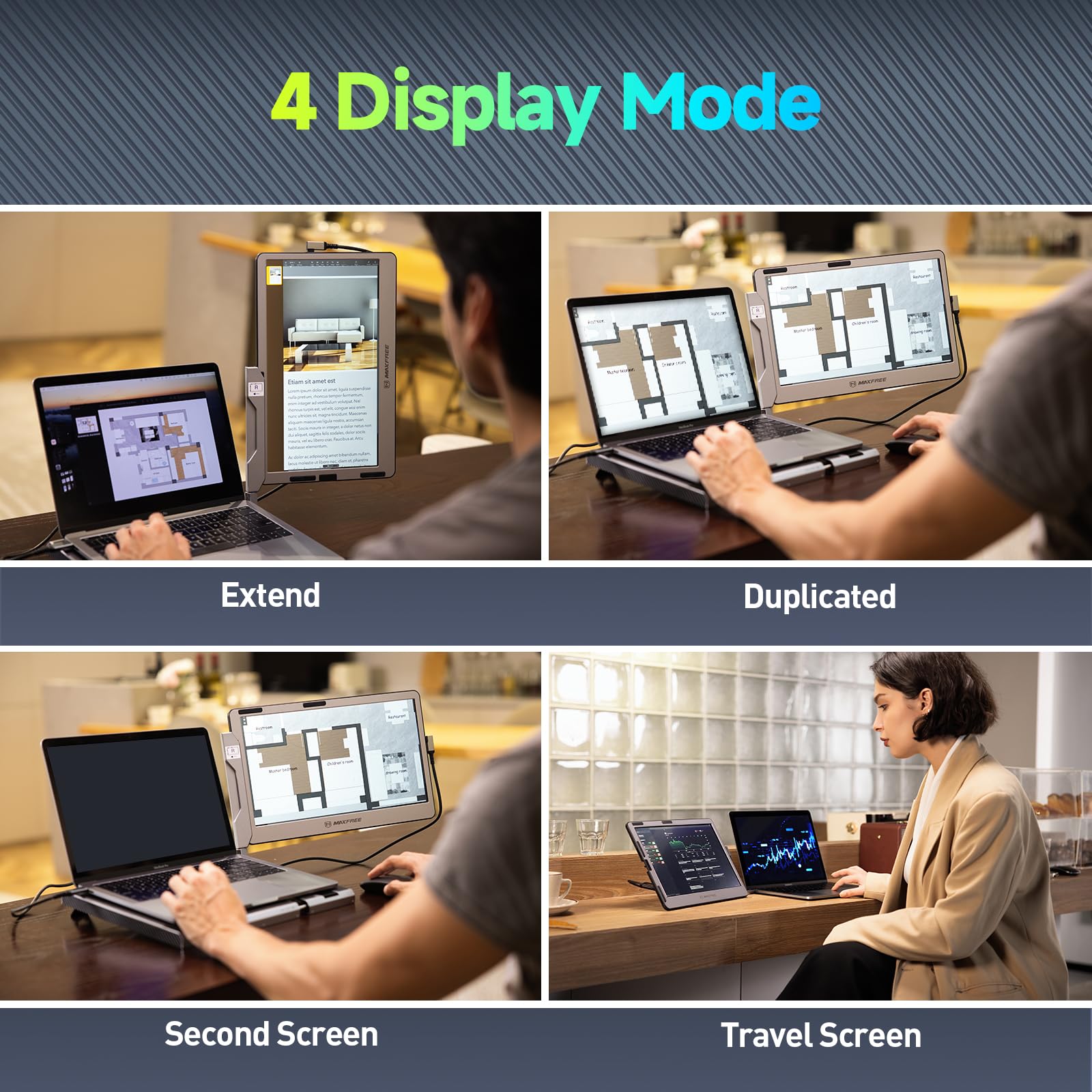 Maxfree F1 Laptop Screen Extender   14'' Fhd Laptop Monitor Extender Dual Screen With 360 Rotation Stand, Portable Monitor For L