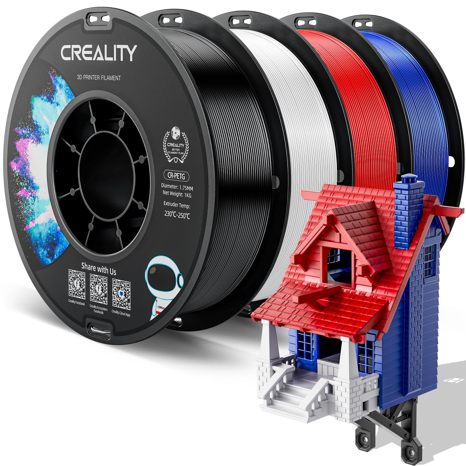 Official Cr Petg 3D Printer Filament 1.75Mm Bundle 4Kg (8.8Lbs), High Precision, Strong Toughness, Odorless, Better Flow Moistur