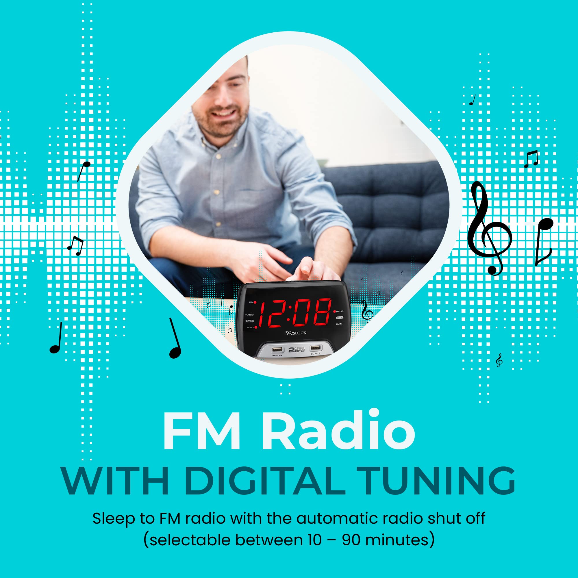 Westclox Large 1.4� Red Led Digital Fm Clock Radio With Dual Usb A & C Charging Ports, Adjustable Brightness, Dual Alarms & Sleep Timer � Modern Alarm Clock For Bedroom, Home, Or Office (Black)