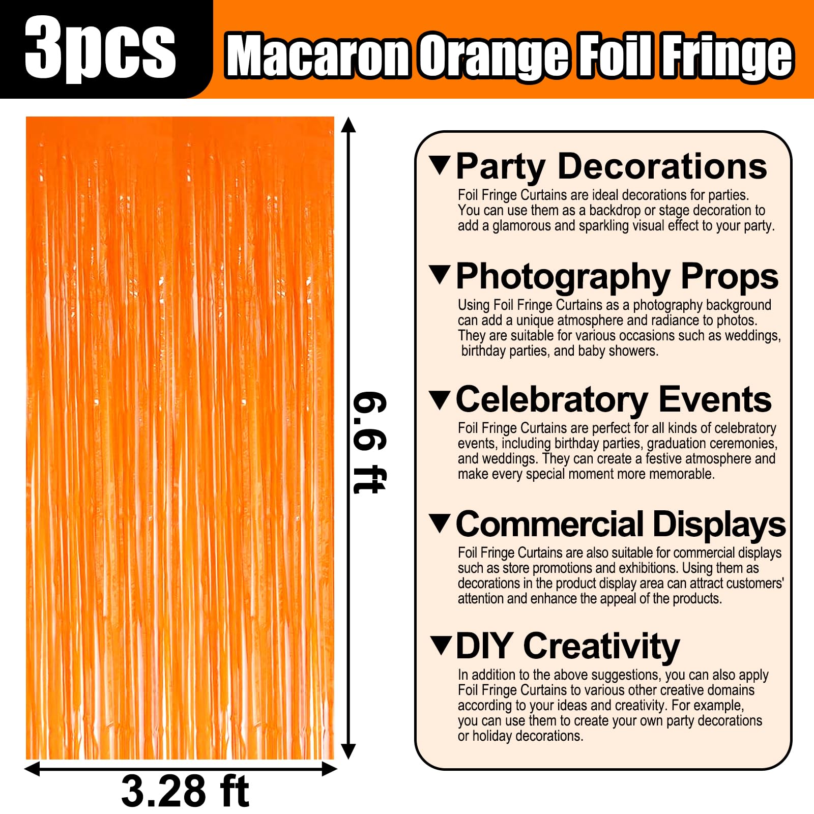3 Pack Macaron Orange Foil Fringe Curtain Backdrop, 3.28Ft X 6.6Ft Metallic Tinsel Foil Fringe Streamer Curtains For Photo Booth