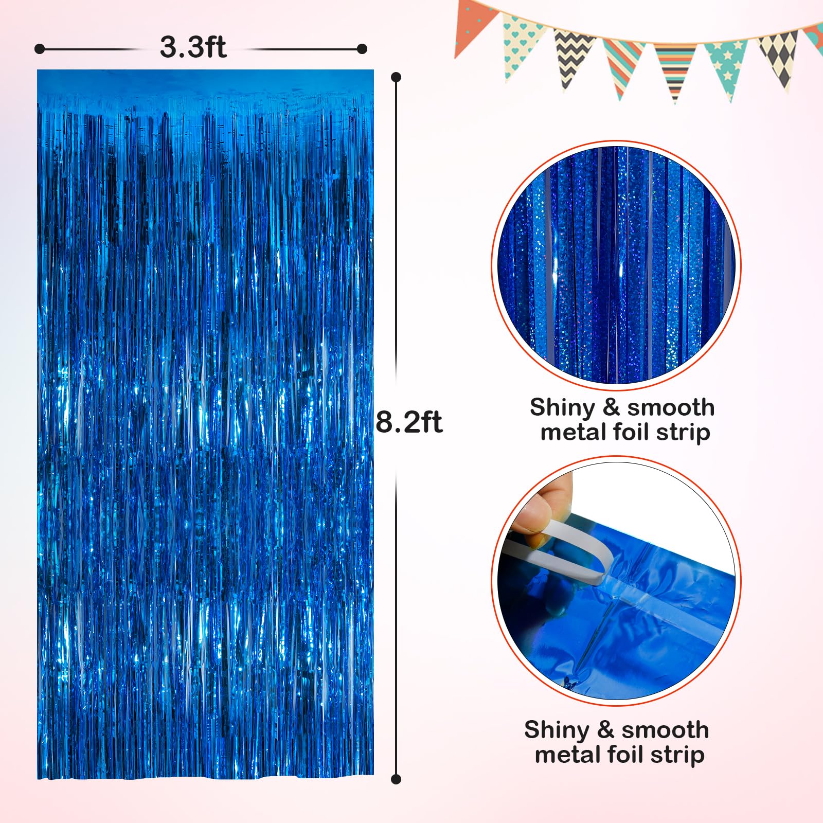 Blue Metallic Tinsel Foil Fringe Curtains, 2 Pack 3.3X8.3 Feet Party Streamer Curtains For Birthday Party Decorations, Halloween