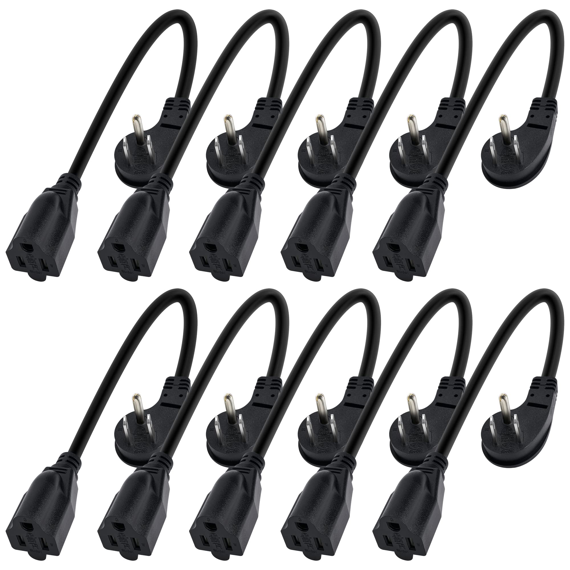 8 Inch Short Power Extension Cord 10Pack,45 Degree Low Profile Flat Plug 3 Prong Male To Female Heavy Duty Grounded Power Extens