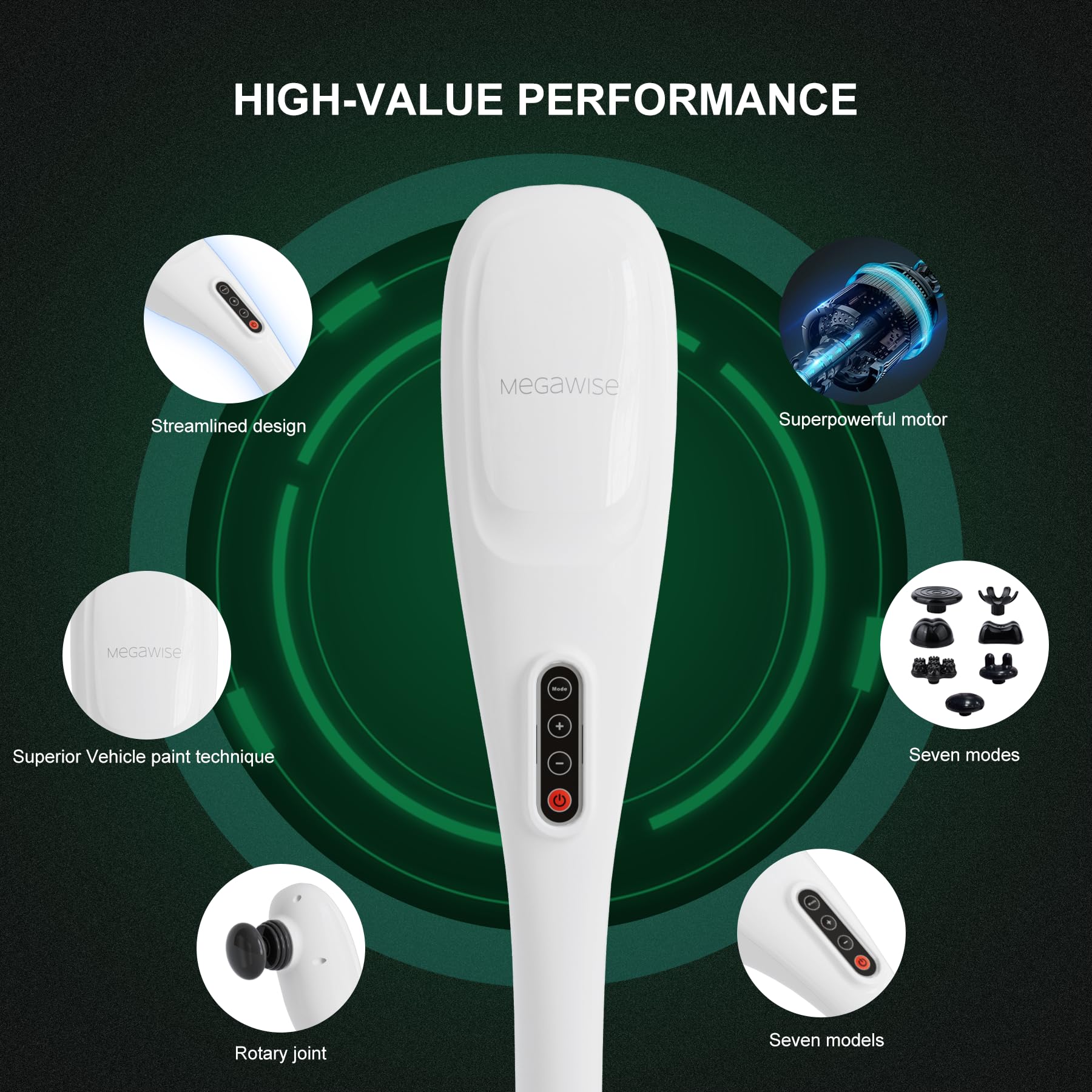 Megawise Handheld Back Massager | Deep Tissue Percussion Relief For Back, Neck, Shoulders, Waist Legs, Full Body For Improved Bl