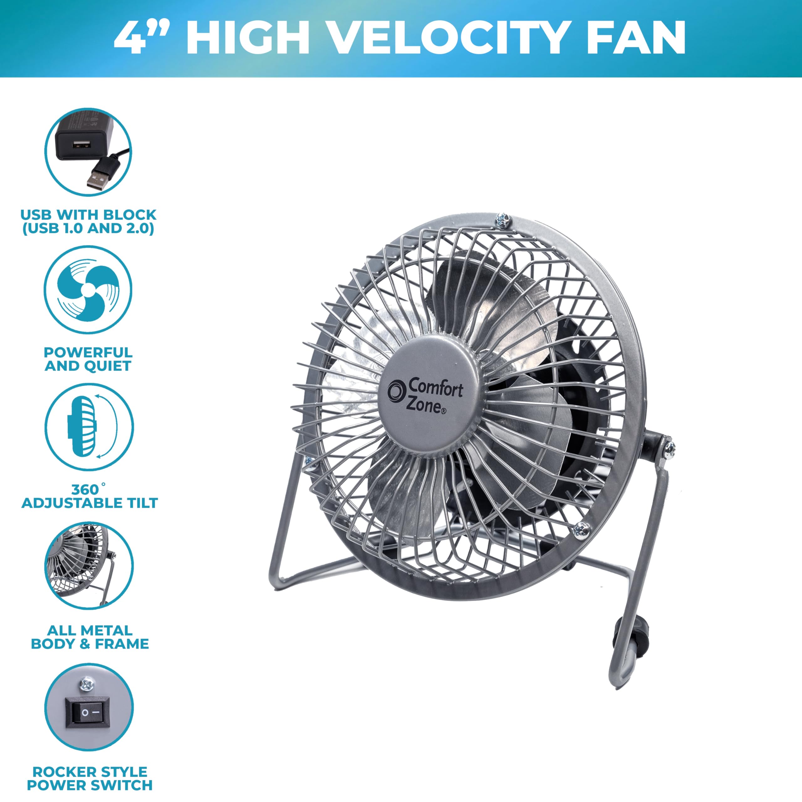 Comfort Zone Mini Portable Desk Fan With 360-Degree Adjustable Tilt, Dual Powered (Usb Or Power Cord), 4 Inch, All-Metal Constru
