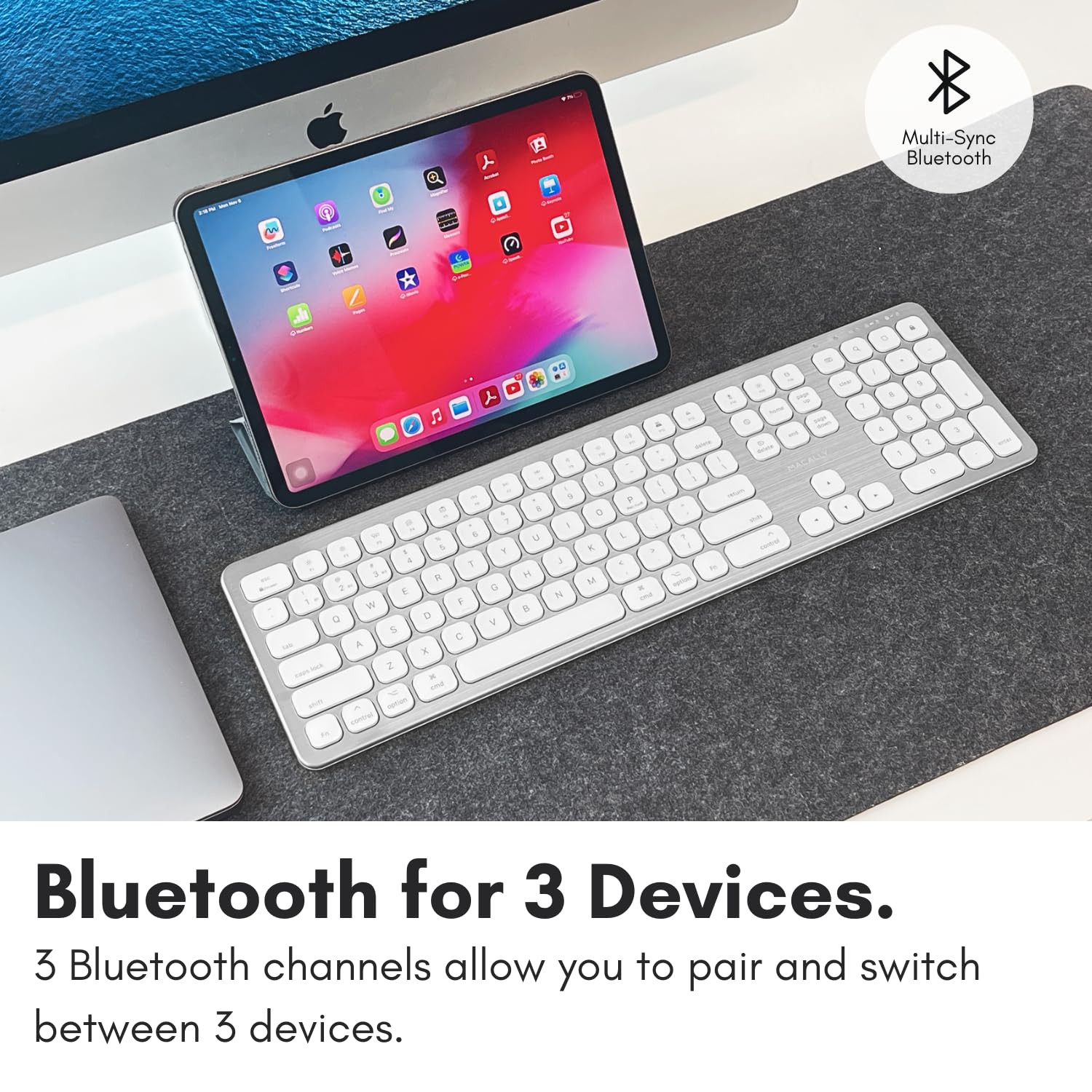 Macally Premium Bluetooth Keyboard For Mac - Compatible Apple Keyboard With Numeric Keypad - Multi Device Wireless Keyboard For