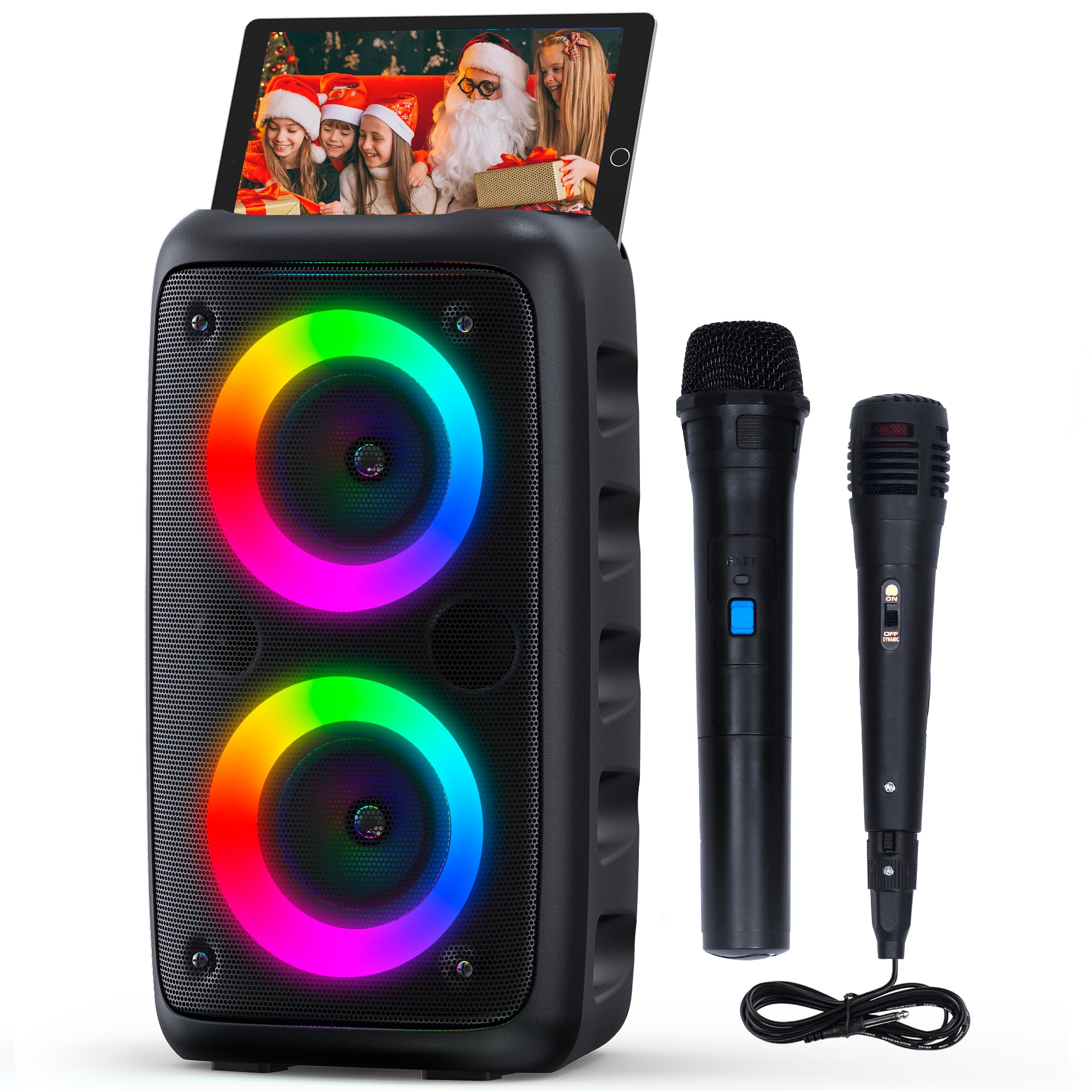 Karaoke Machine For Adults And Kids,Portable Bluetooth Speaker With 1 Wireless Microphone And 1 Wired Mic,Rechargeable Powered D