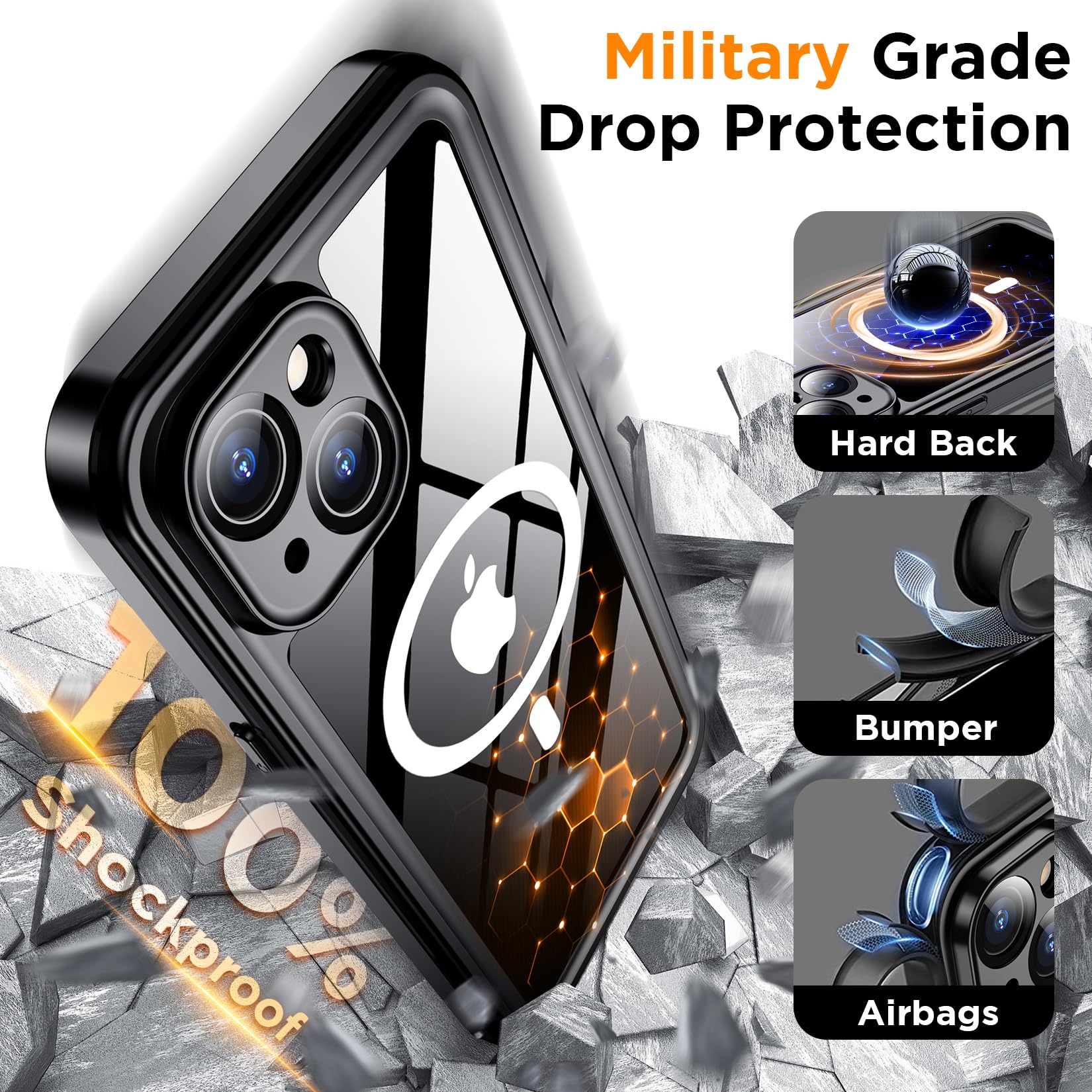 Temdan Magnetic For Iphone 15 Case Waterproof, [Built In Screen Protector][Ip68 Underwater][15Ft Military Dropproof][Dustproof][