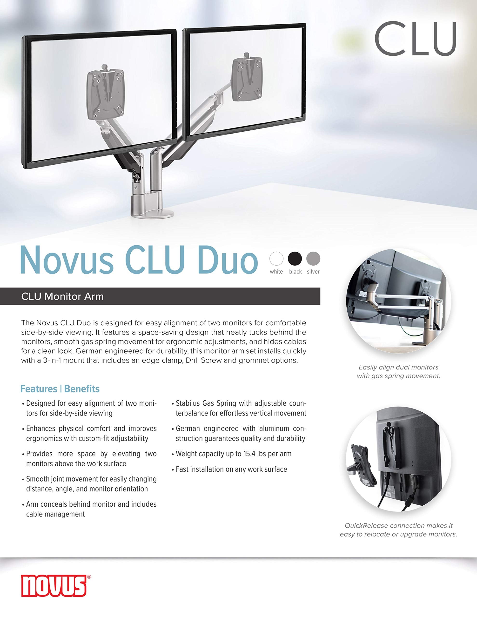 Novus Clu Duo Monitor Arm, Easily Align 2 Monitors, Adjustable For Comfortable Ergonomic Viewing, Gas Spring Stay Put Positionin
