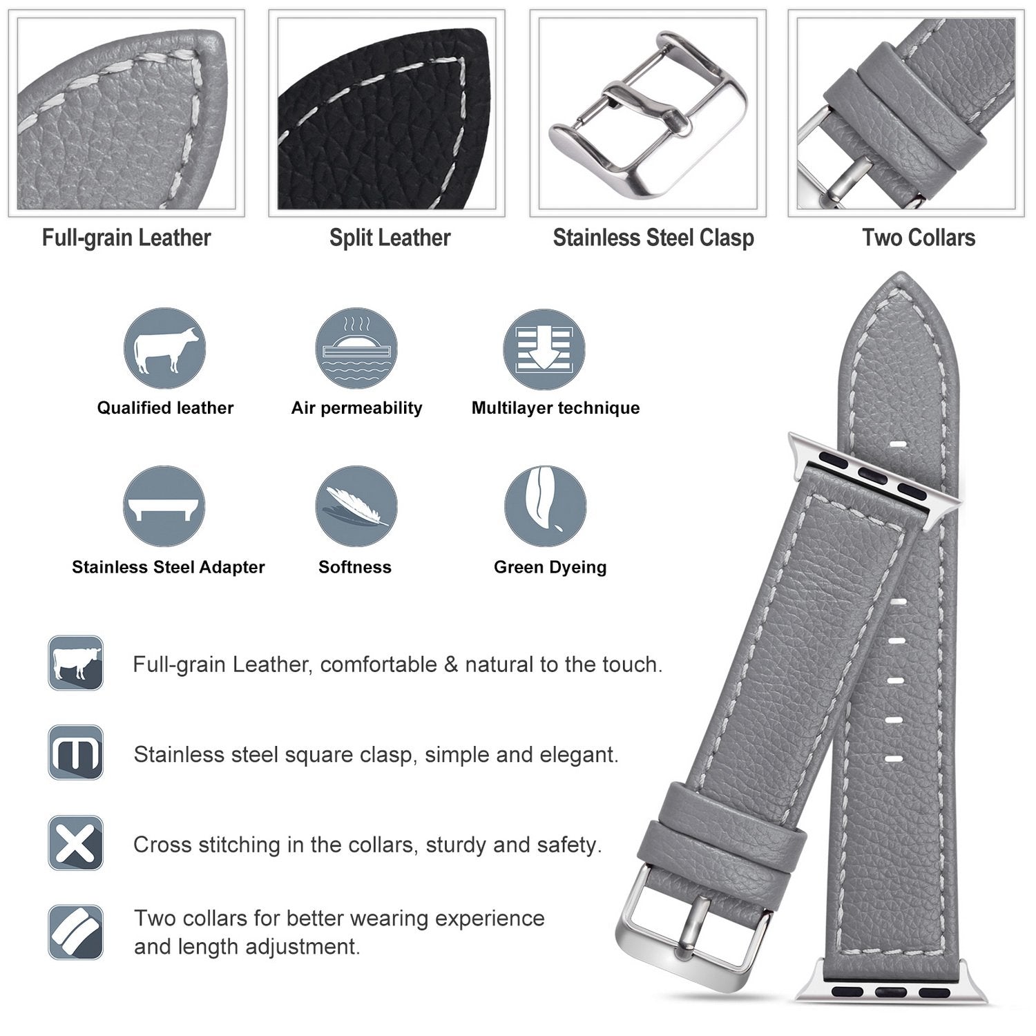 Apple Watch Band 42Mm 38Mm Fullmosa Genuine Leather Iwatch Bands, Grey,42Mm