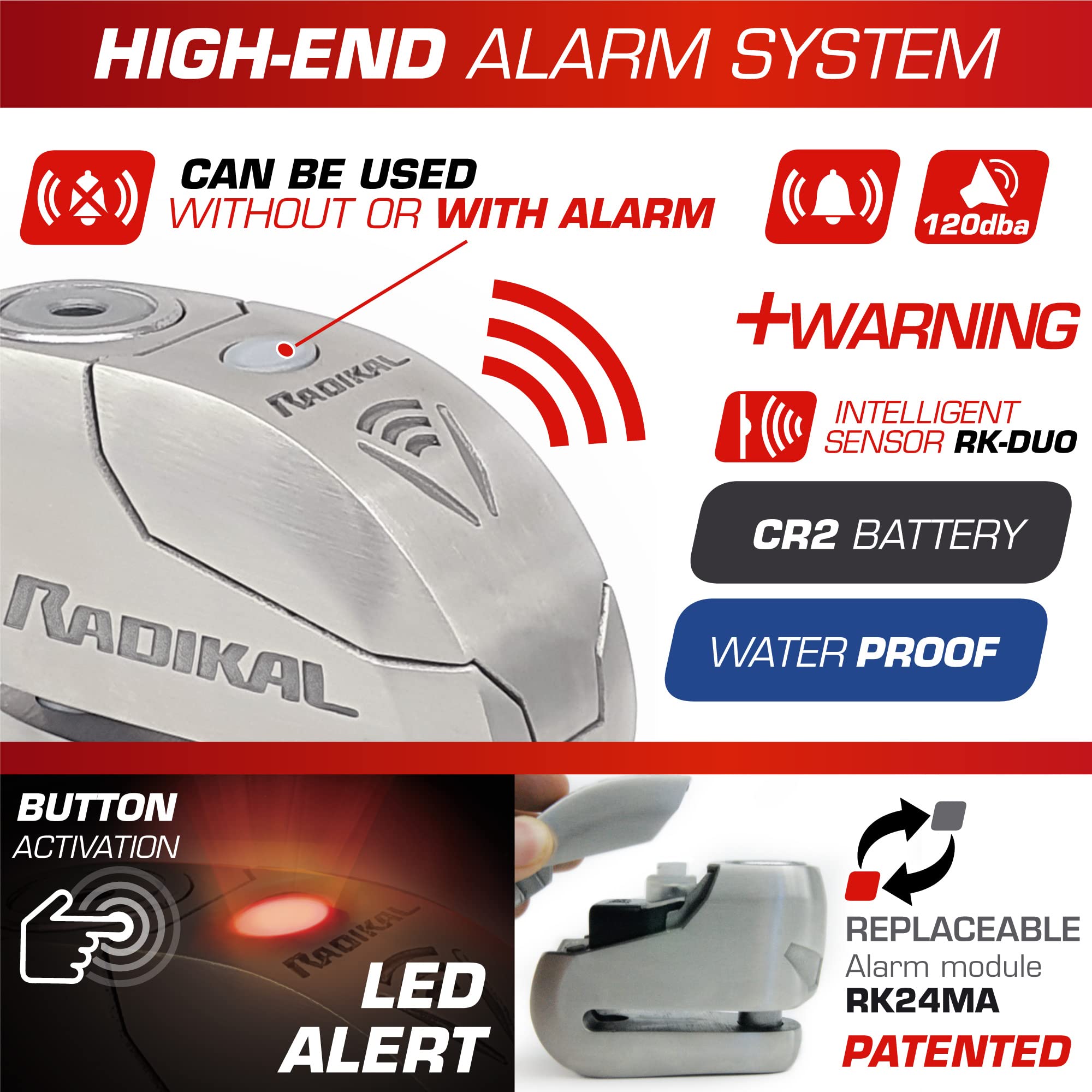 Radikal Rk14S Approved Alarm Disc Lock Motorcycle Premium Security, Hardened Stainless Steel Double Locking, Sek Disctech, High