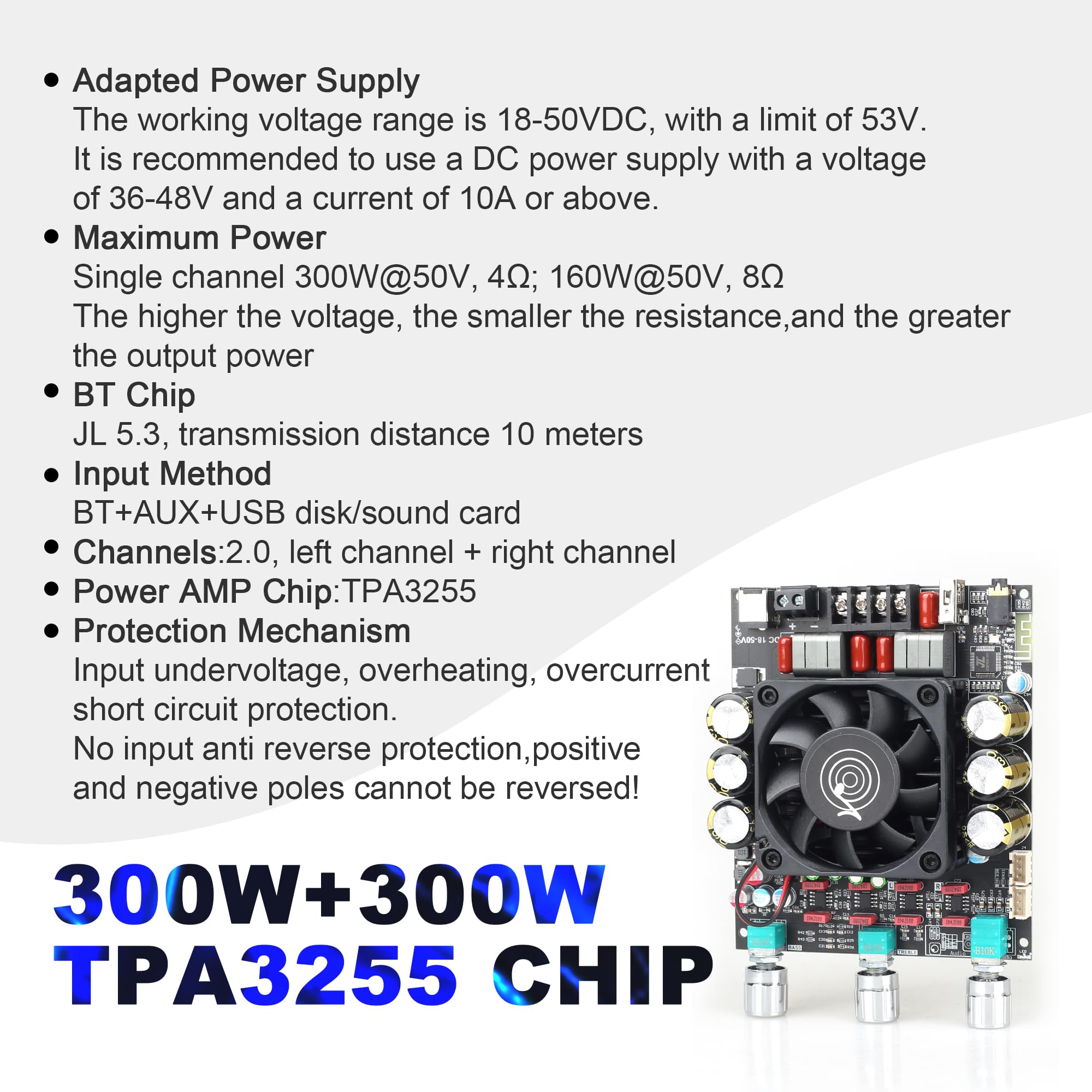Zk-3002T 300W+300W Bluetooth Digital Amplifier Board Tpa3255 Chip 2.0 Channel With Bluetooth/3.5Mm Aux Input/Usb Input,With Treb