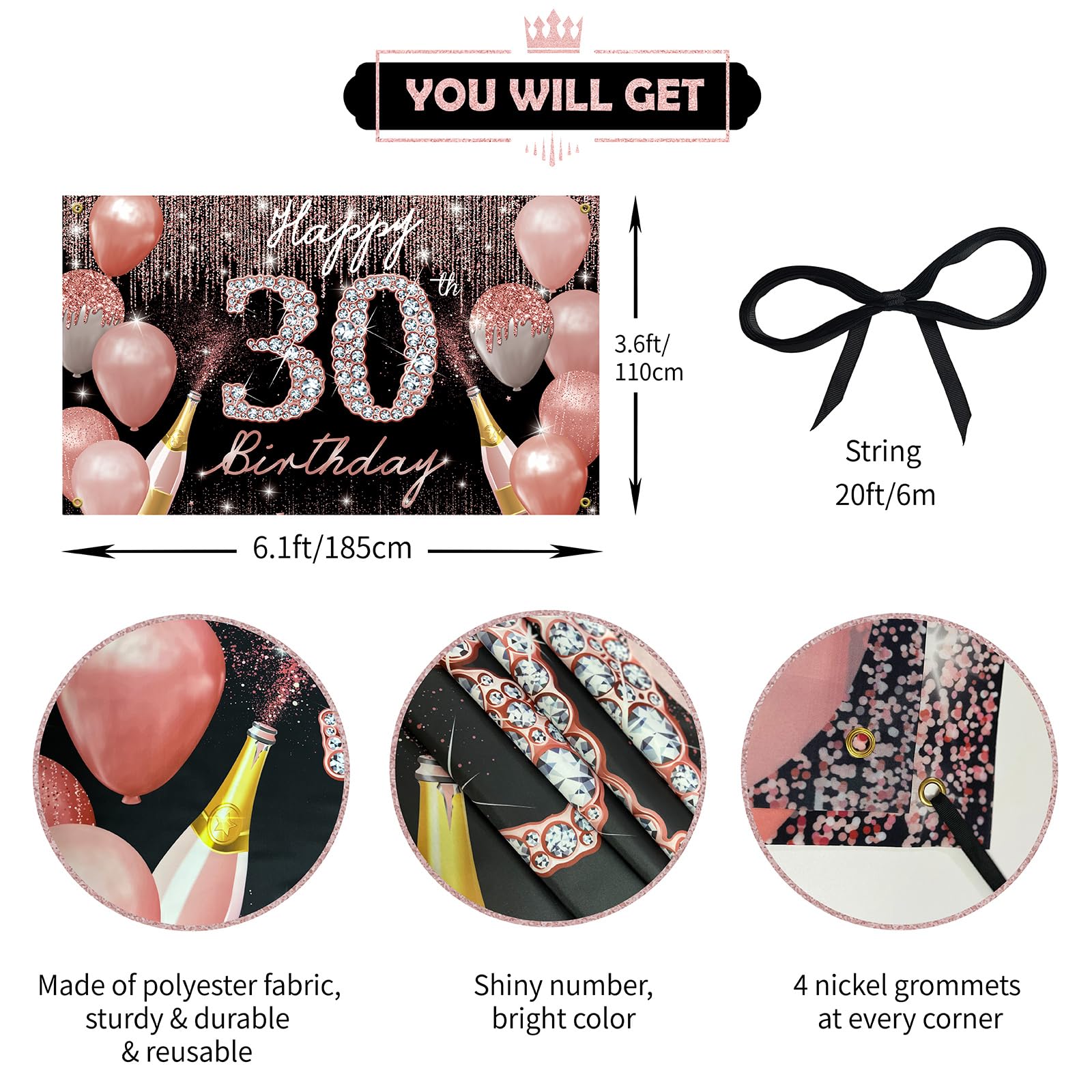 Happy 30Th Birthday Backdrop Banner, 30Th Birthday Decoration For Women Rose Gold, 30 Year Old Birthday Party Yard Sign Photo Bo