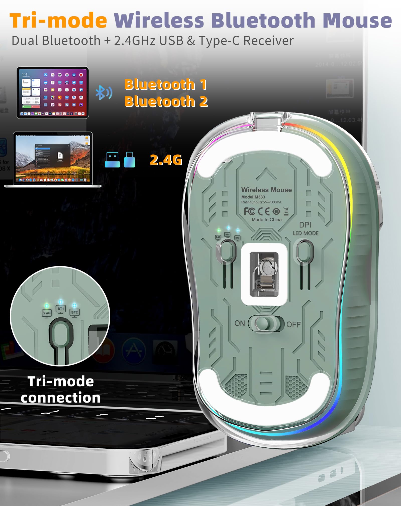 Fmouse Interesting Transparent Bluetooth Mouse With Usb & Type C Two Receiver, Small Portable Silent Wireless Mice With Rgb Ligh