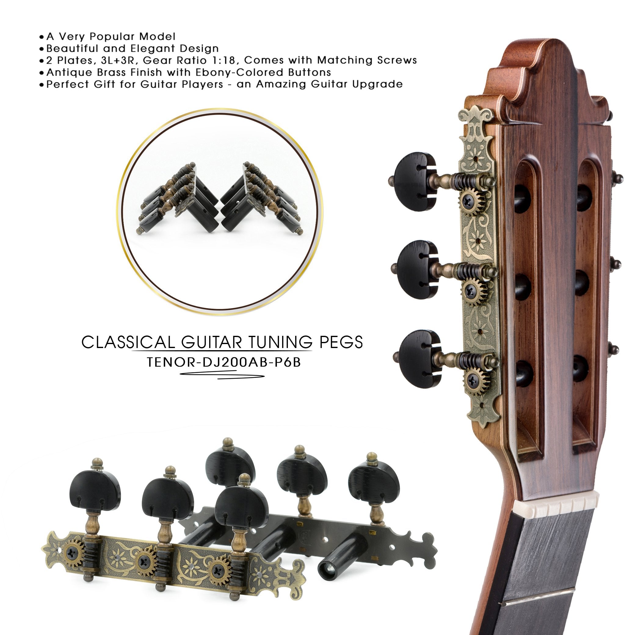 Dj200Ab P6B Tenor Classical Guitar Tuners Professional Tuning Key Pegs/Machine Heads For Classical Or Flamenco Guitar In Antique