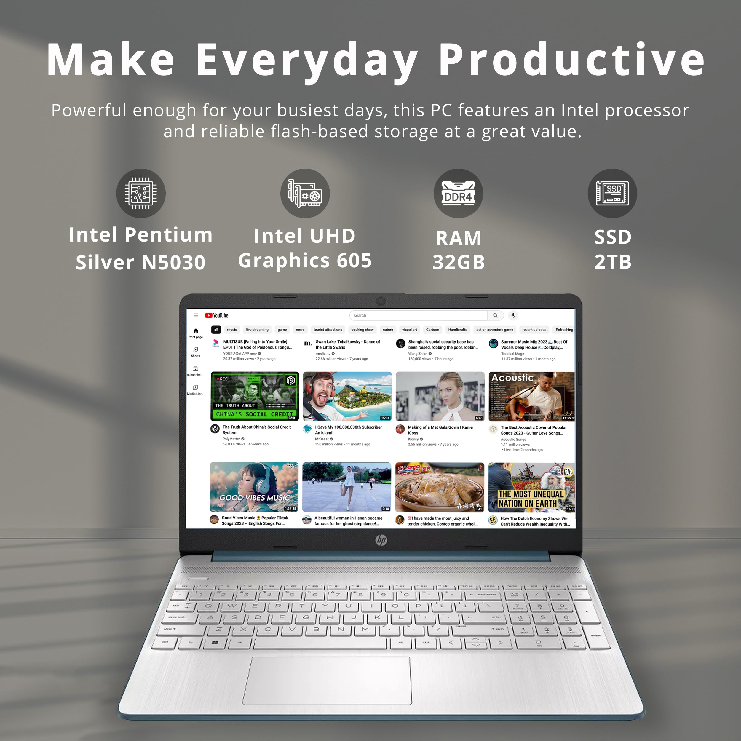 Hp 15.6'' Hd Everyday Laptop, Intel Pentium Silver N5030, 32Gb Ram, 2Tb Pcie Ssd, Intel Uhd Graphics 605, Island Style Keyboard,
