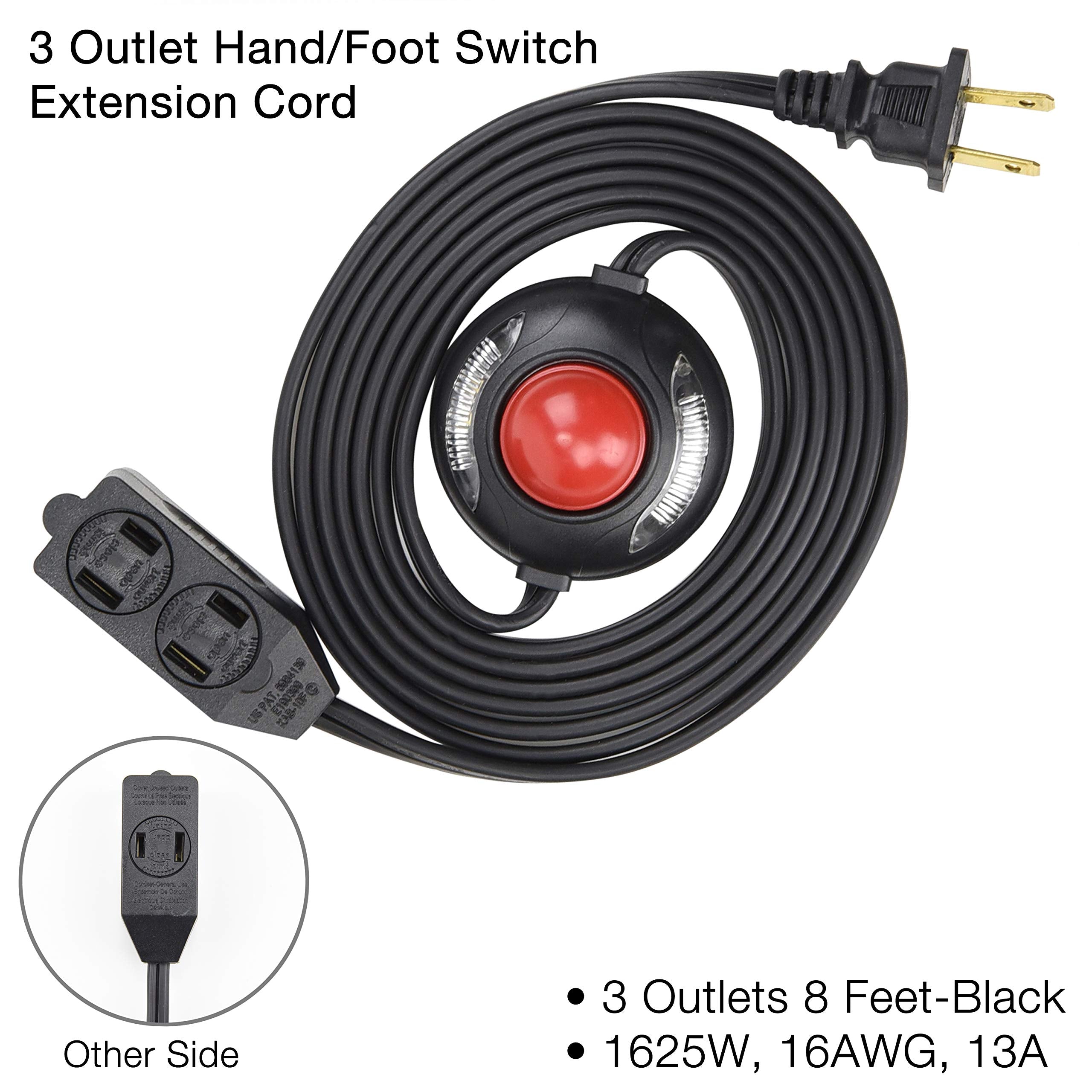 Electes 3 Outlet Extension Cord With Hand/Foot Switch And Light Indicator With Safety Twist Lock, 16/2, Black, Ul Listed