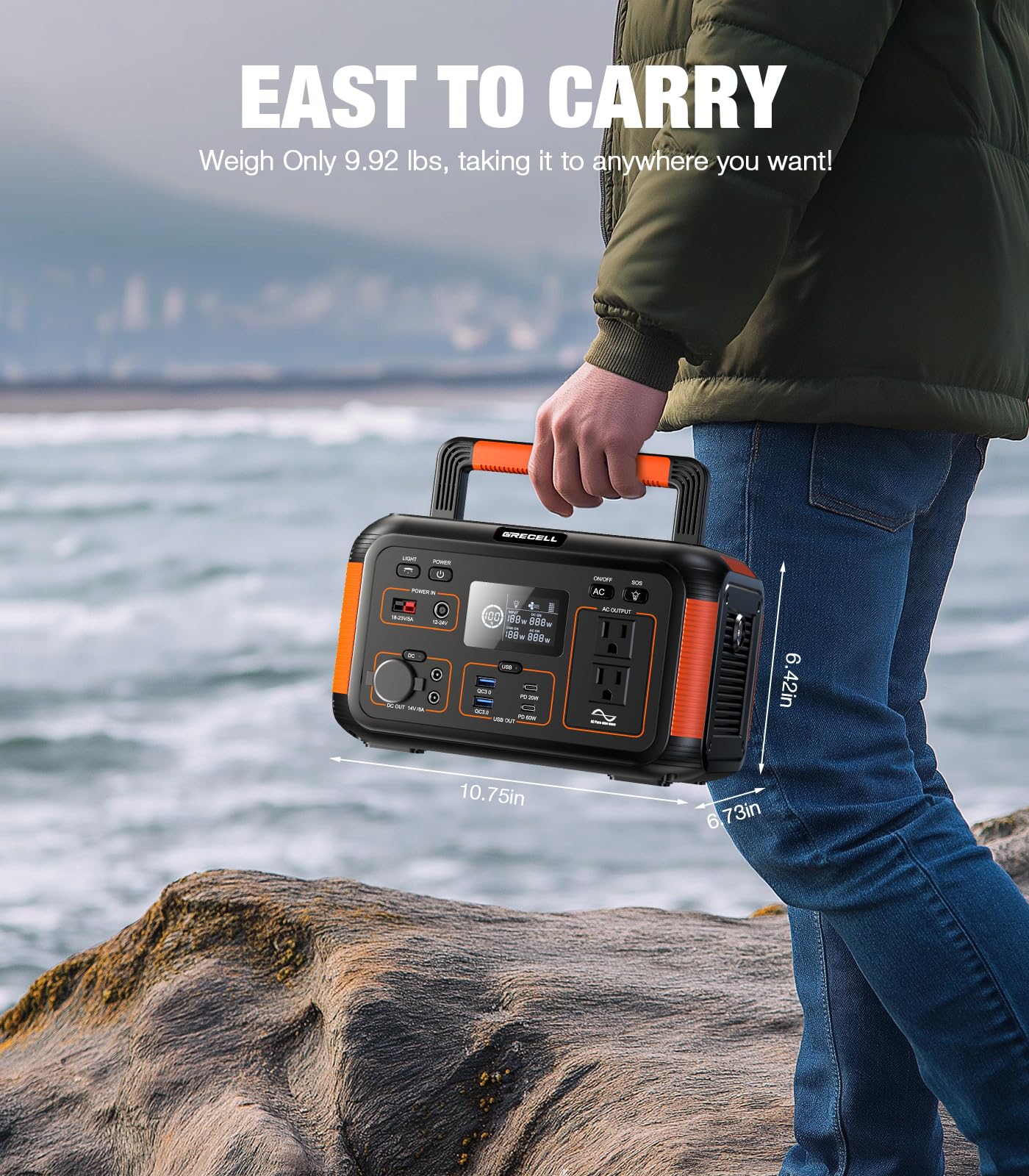 Grecell 500W Portable Power Station 444Wh Solar Generator With 110V Pure Sine Wave Ac Outlet/Pd60W, 1000W Peak Power Station For