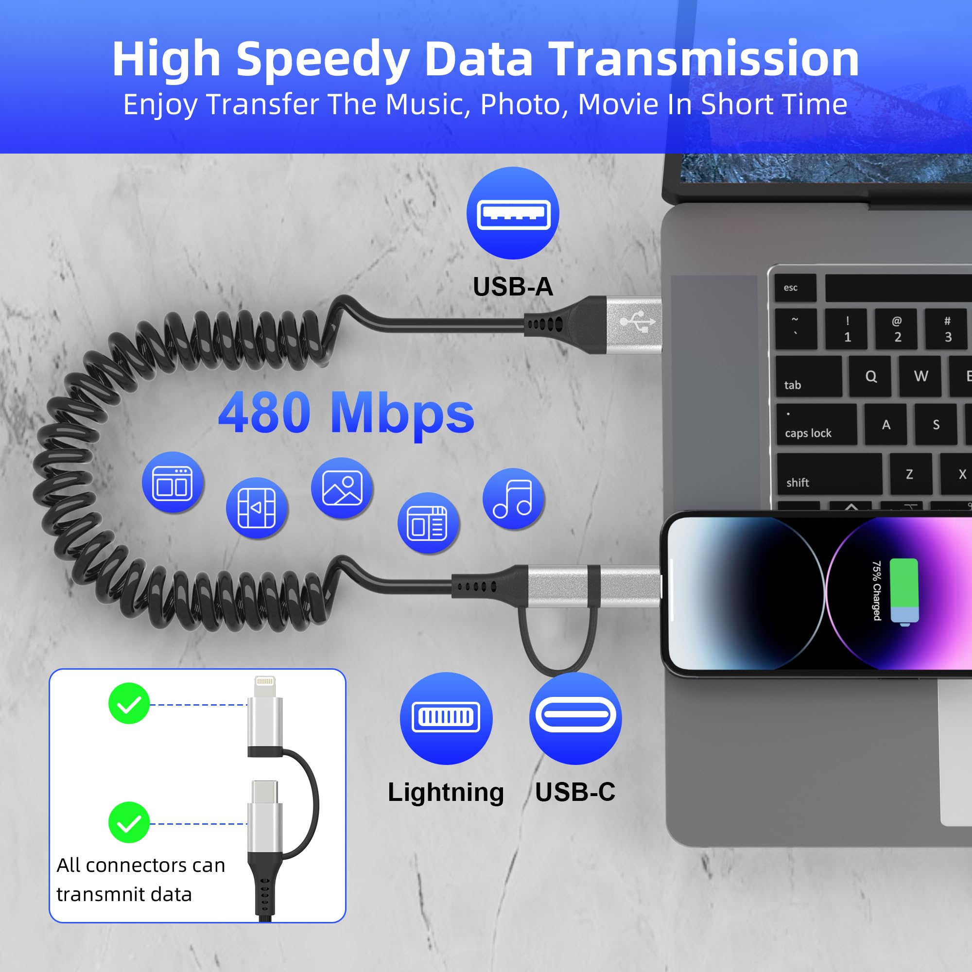 Usb To Usb C And Lightning Cable 2 In 1 Coiled Cable Aple Carplay & Android Auto Compatible [Mfi & 3A Fast Charge & Data Sync] Coiled Lightning And Usb C Cable For Iphone 15/14/13/12/Android, Silver