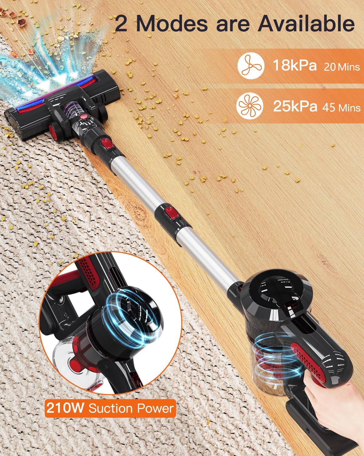 Ziraukon Cordless Vacuum Cleaner, 25Kpa 210W Brushless Motor Stick Vacuum With 45 Mins Long Runtime Detachable Battery, 4 In 1 L