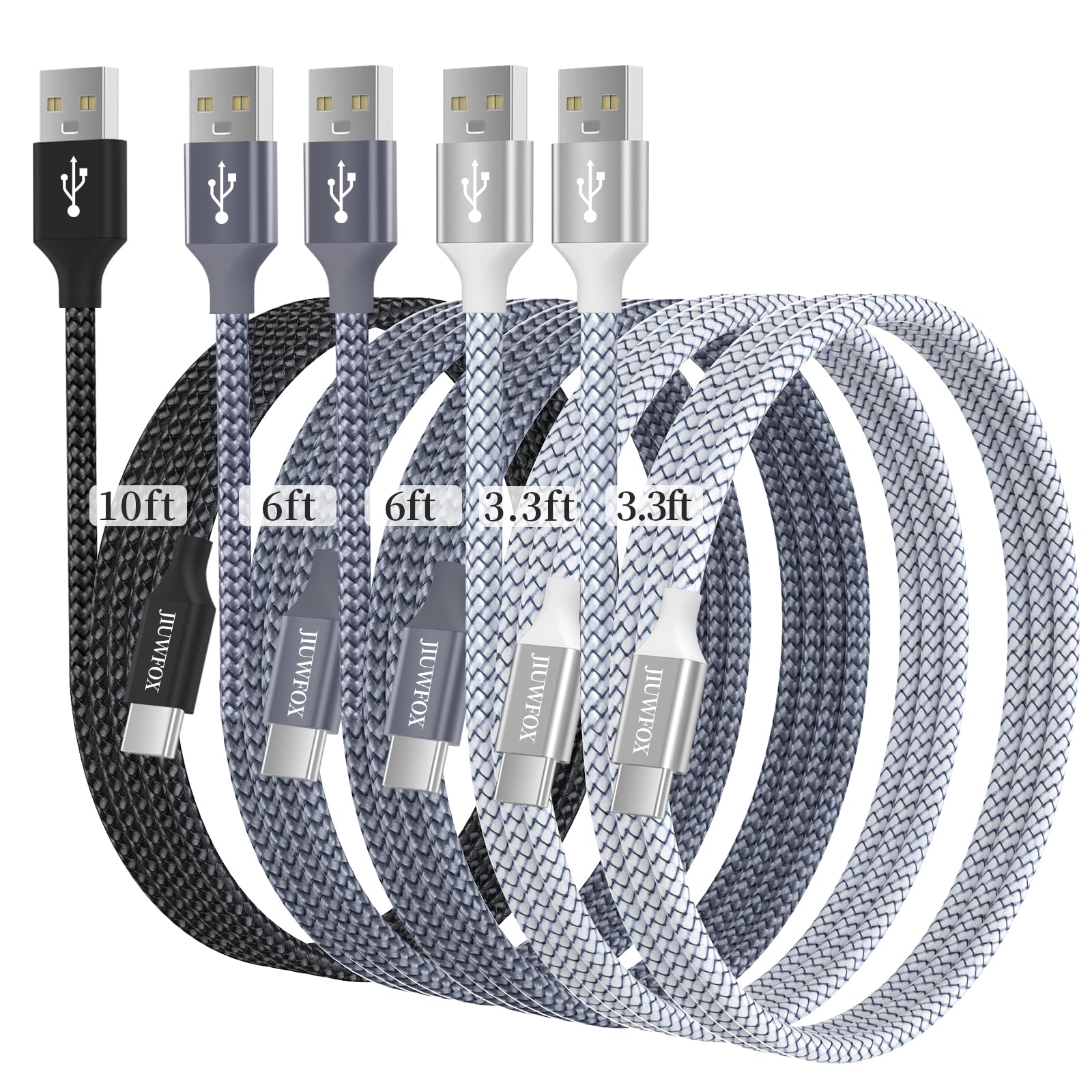 Jiuwfox Usb Type C Charger Cable Fast Charging 5 Pack, [3.3+3.3+6+6+10Ft] Braided Usb A To Usb C Cable, For Samsung Galaxy S24 S