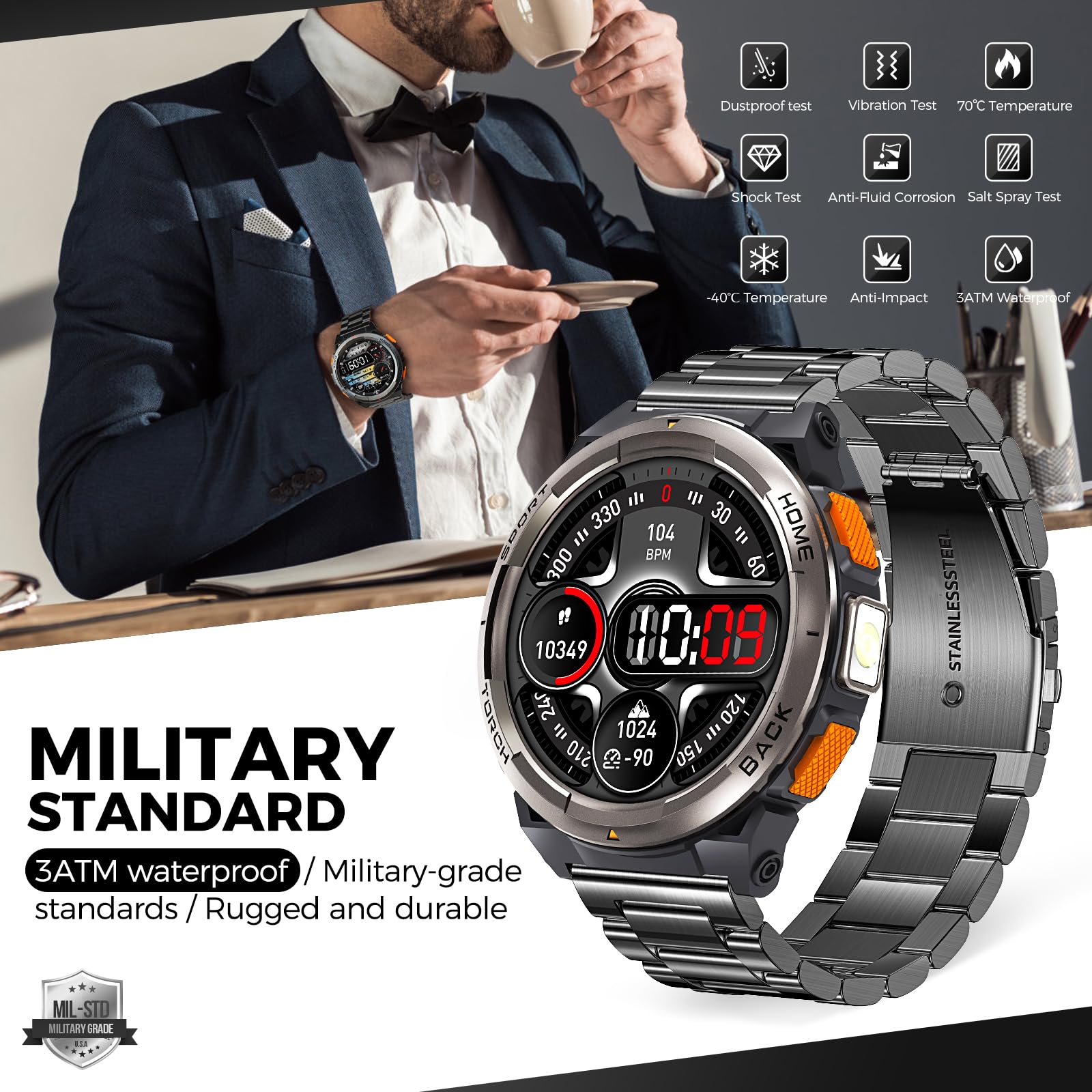 Eigiis Ke5 Military Smart Watch For Men With Flashlight Sos 3Atm Waterproof Watch 530Mah Big Battery 1.45'' Rugged Tactical Smar