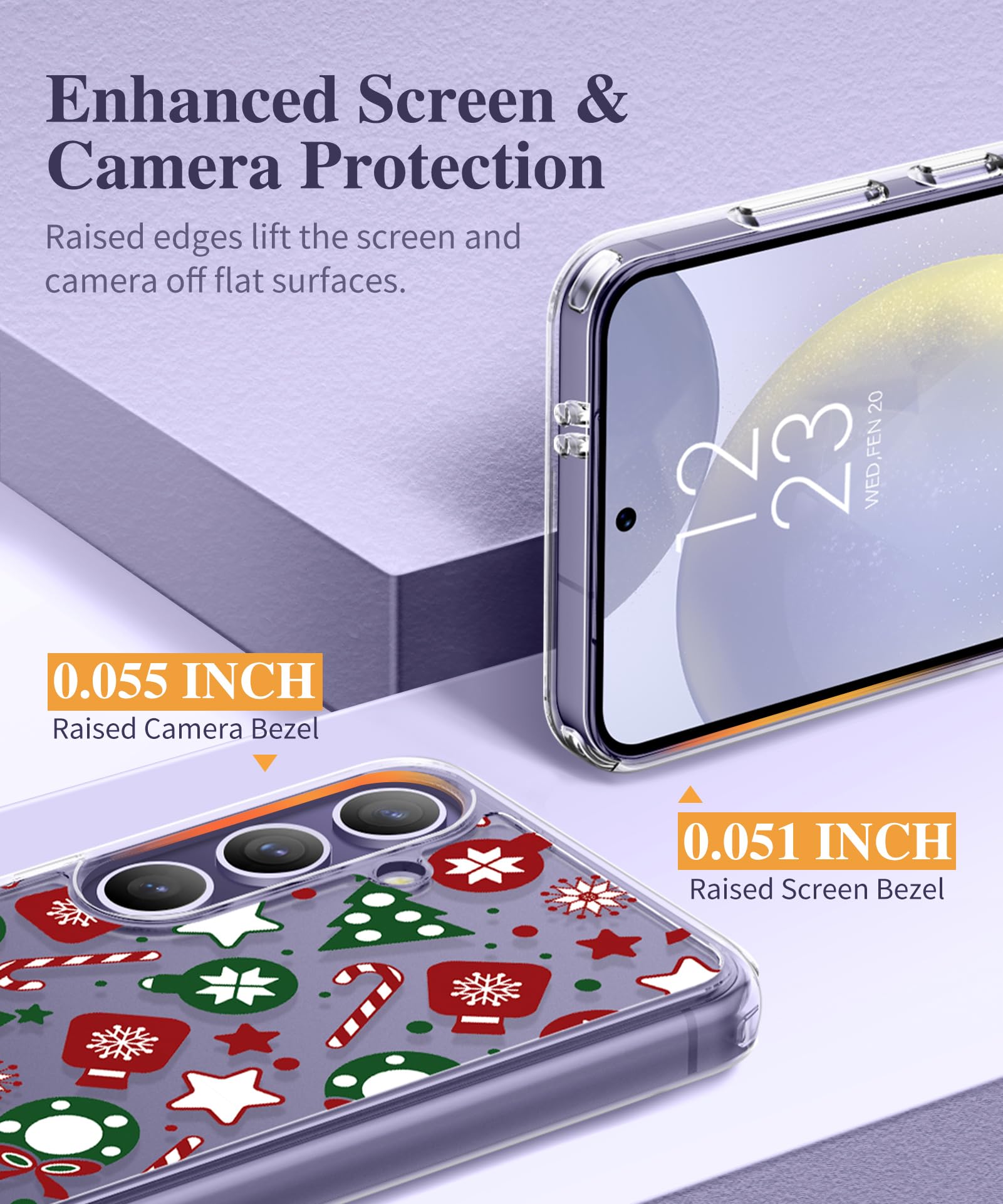 Gviewin For Samsung Galaxy S24 Plus Case With Screen Protector+Camera Lens Protector, Clear Stylish Christmas Pattern Slim Prote