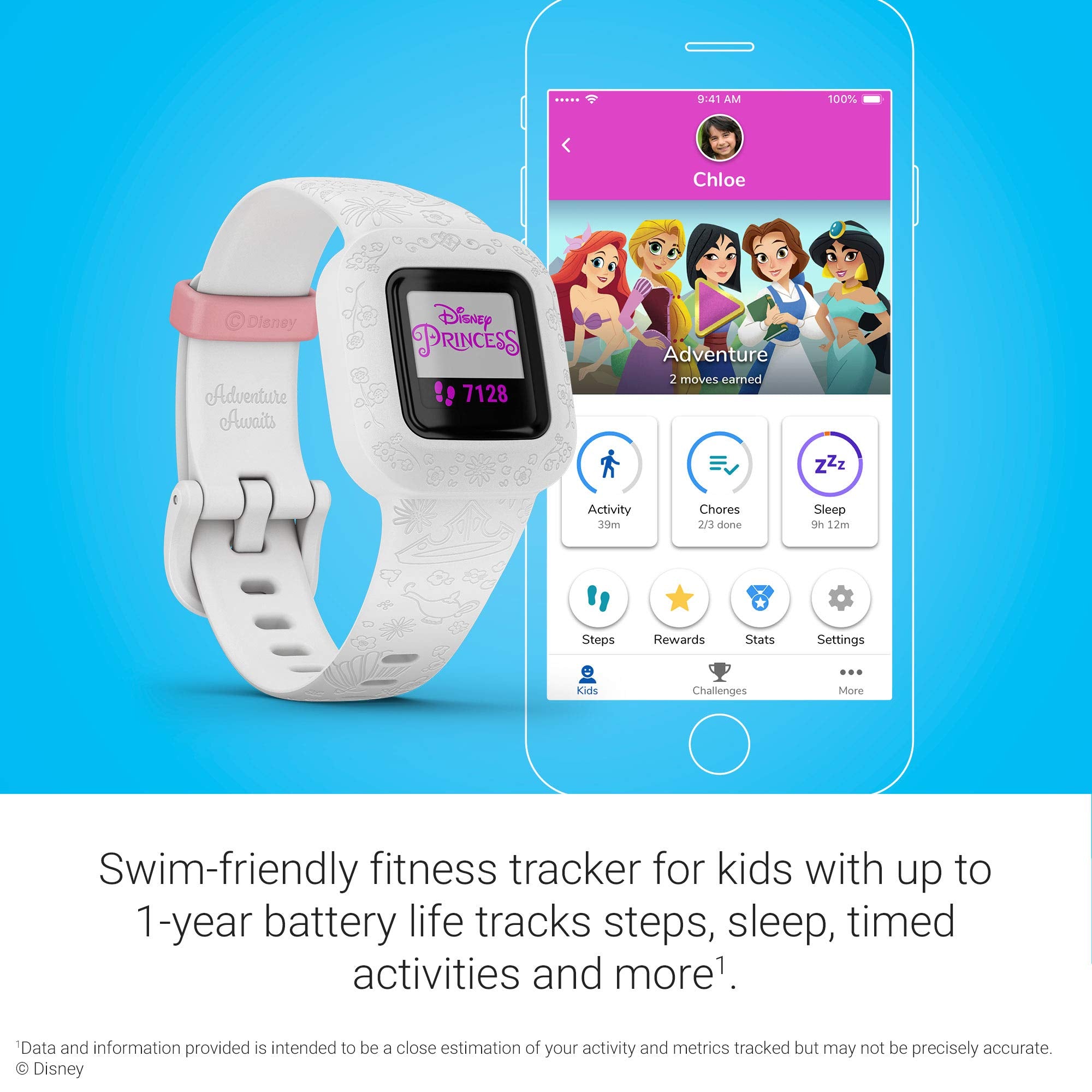 Garmin Vivofit Jr. 3, Fitness Tracker For Kids, Swim-Friendly, Up To 1-Year Battery Life, Disney Princess, Adjustable Watch