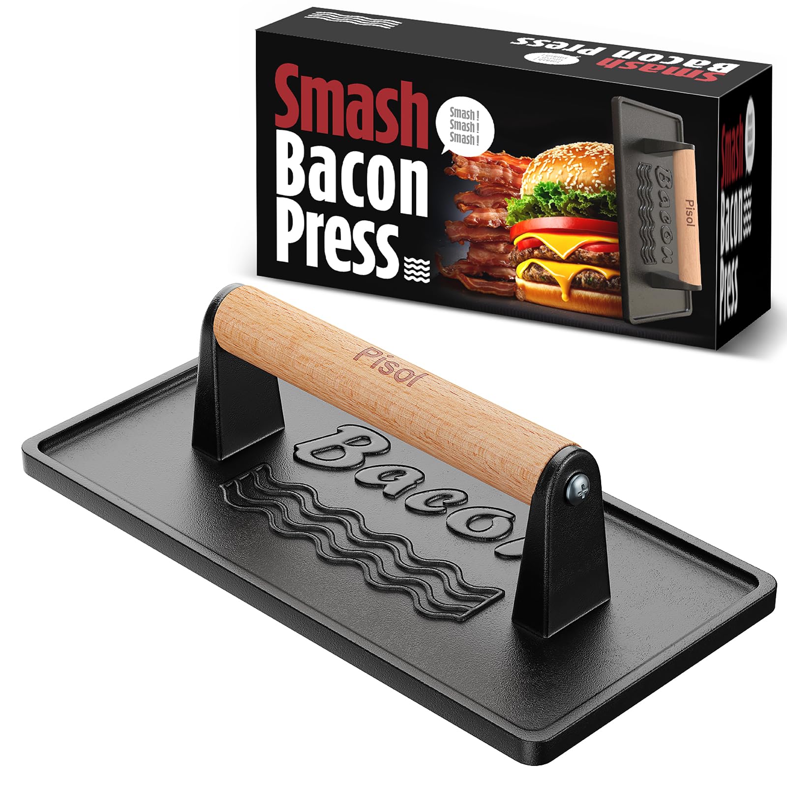 Pisol Bacon Press Smash Burger Press, Pre-Seasoned Cast Iron Hamburger, 2 lb Heavy-Duty Grill Bacon Meat Press Tool with Wood Ha