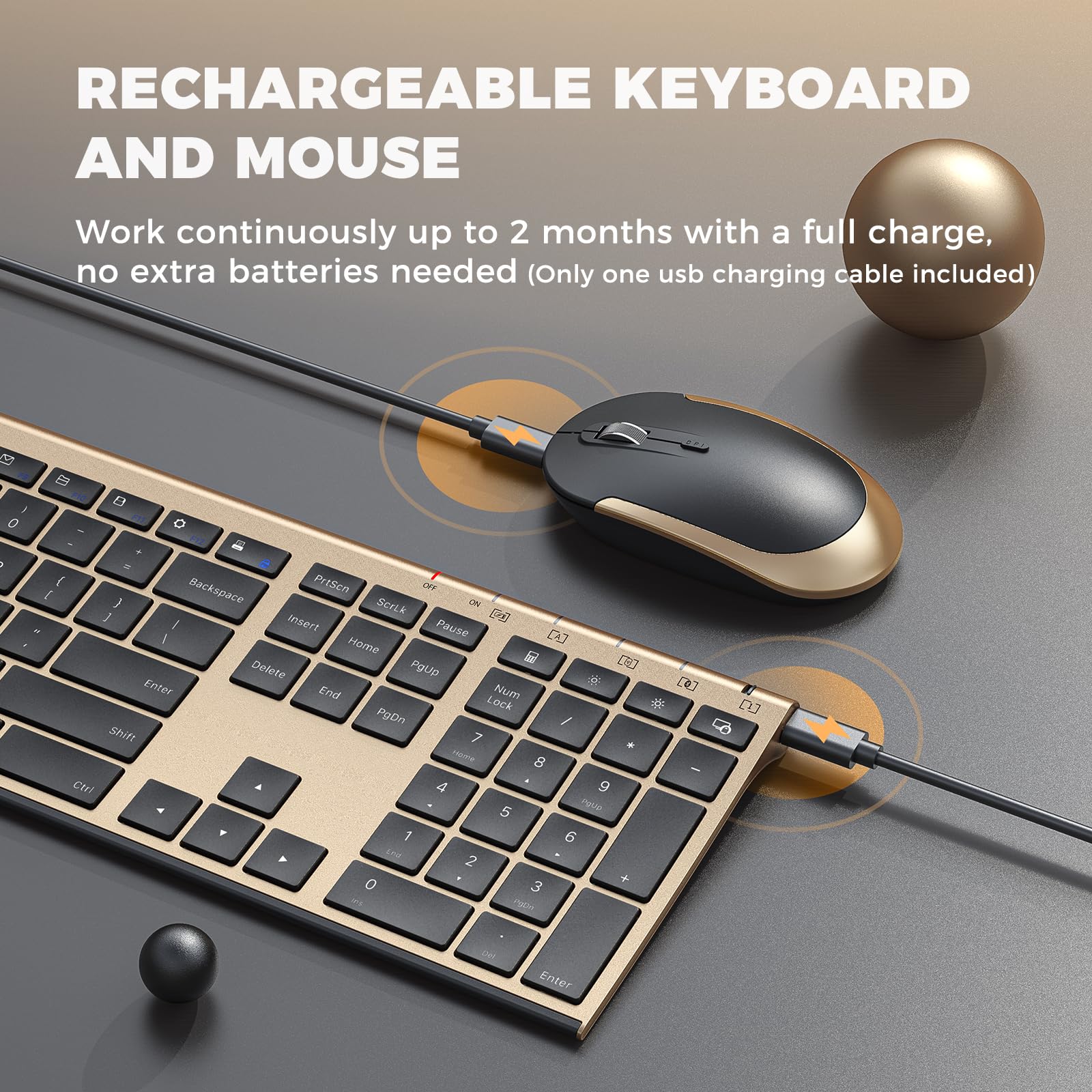 VssoPlor Wireless Keyboard and Mouse Combo - 2.4GHz Rechargeable, Full-Size, Quiet, Black and Gold, Nano USB Receiver for Windows, PC, Laptop