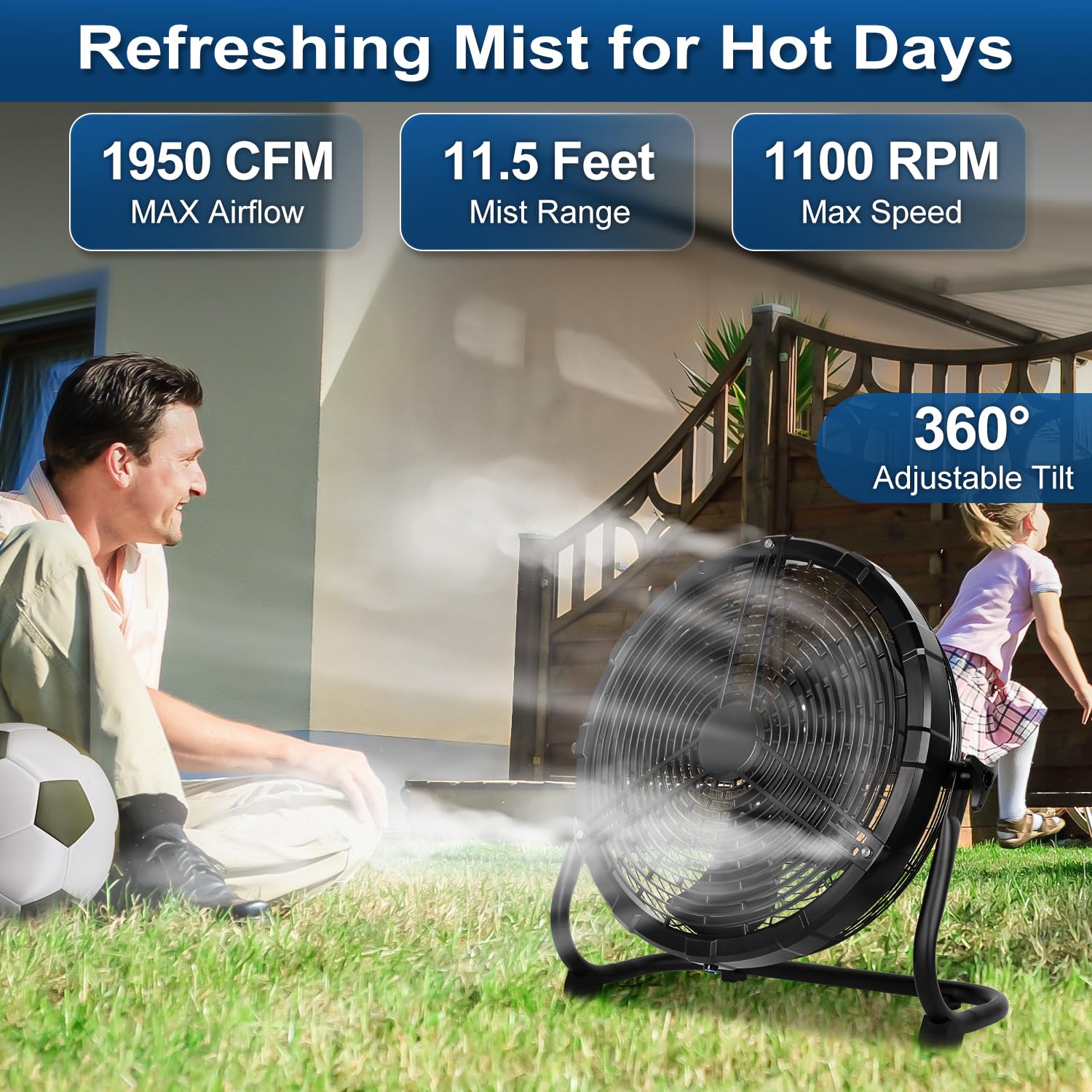 Bilt Hard 16 Inch Outdoor Portable Misting Fan, Battery Operated Misting Fan With 15600Mah Detachable Battery & Misting Function