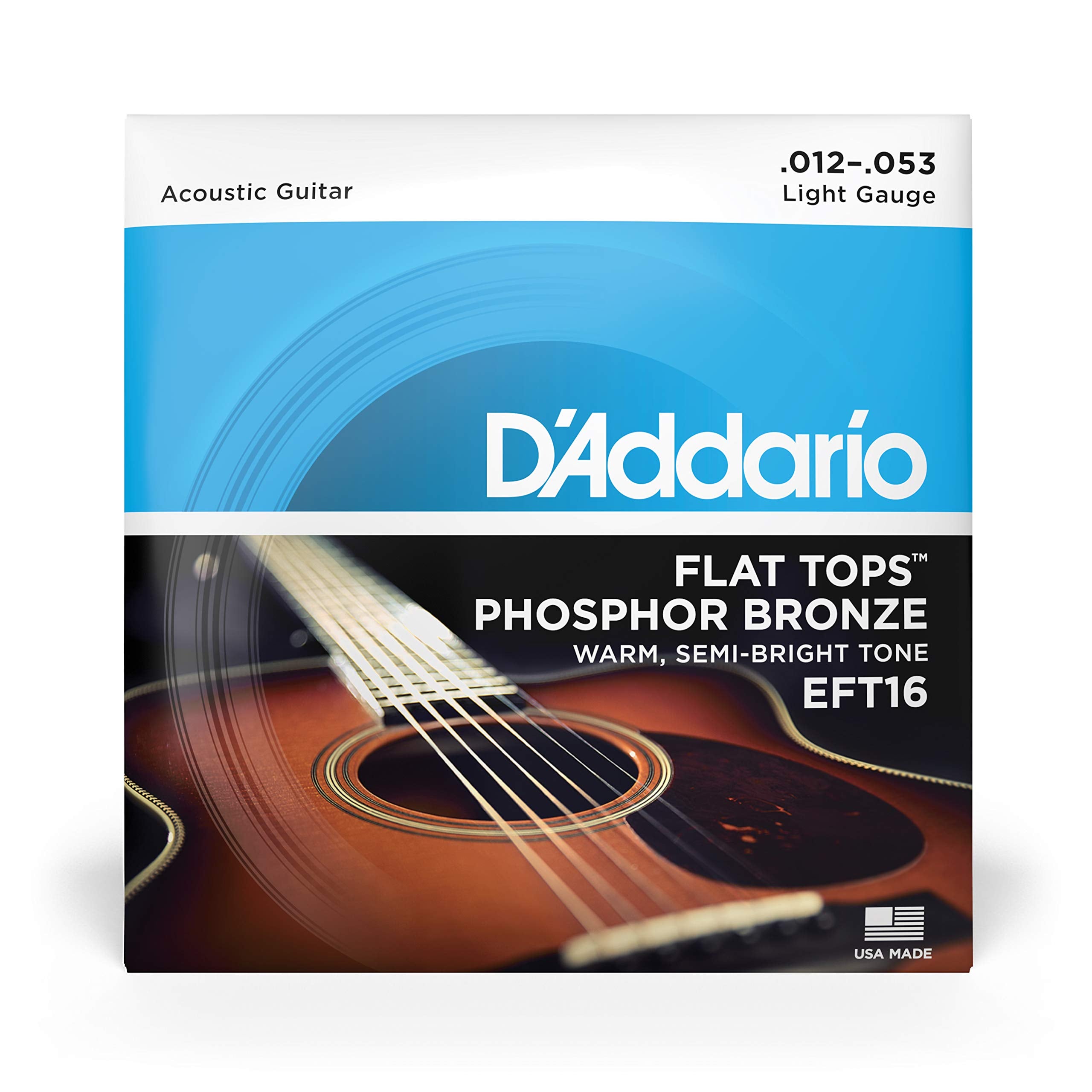 D'Addario Guitar Strings   Acoustic Guitar Strings   Flat Tops Phosphor Bronze   For 6 String Guitar   Warm, Semi Bright Tone