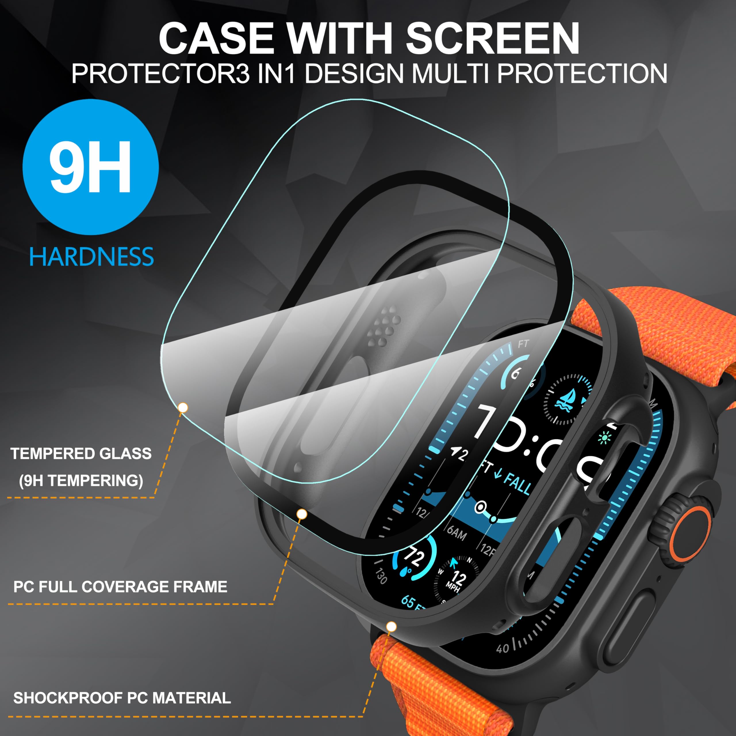 Suoman 2 Pack For Apple Watch Ultra/Ultra 2 49Mm Screen Protector Case, Tempered Glass Pc All Around Screen Protector Case Ultra
