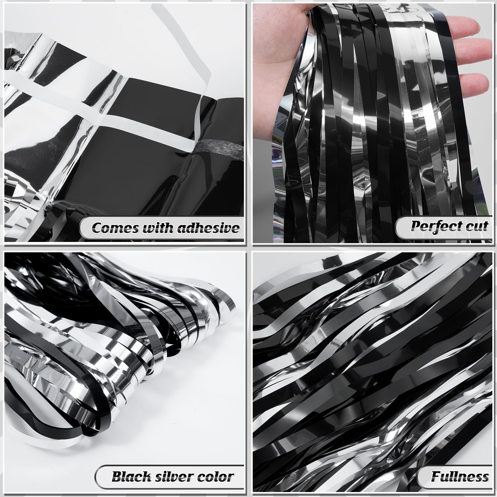 3 Pack 3.3Ft X 6.6Ft Graduation Foil Fringe Curtain Backdrop Decorations, Black Silver Metallic Tinsel Foil Streamers Curtain Ph