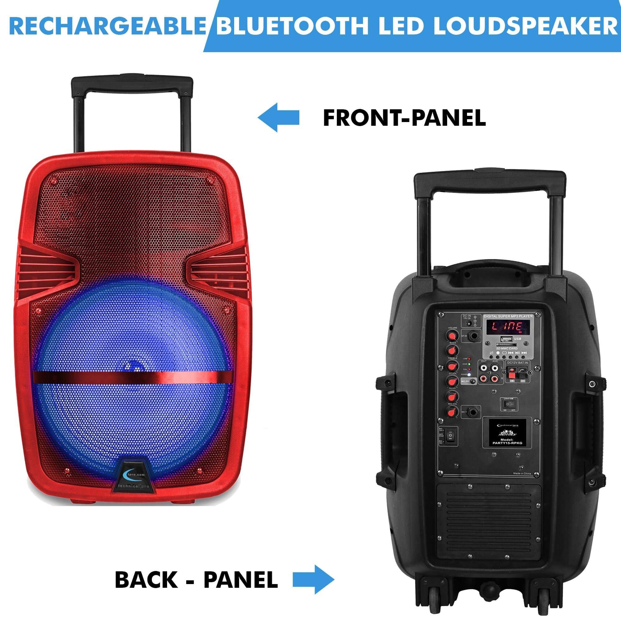 Technical Pro 15 Portable Rechargeable Battery Powered 3000 Watts Pro Dj Bluetooth Led Loudspeaker Package With Tripod Stand, Mi
