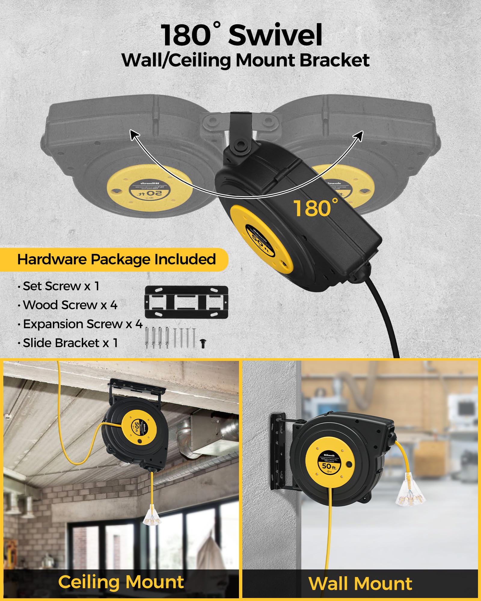 Wilawels Retractable Extension Cord Reel, 50 Ft Heavy Duty Power Cord, 14Awg/3C Sjtow, 3 Grounded Outlets Lighted Triple Tap, 13